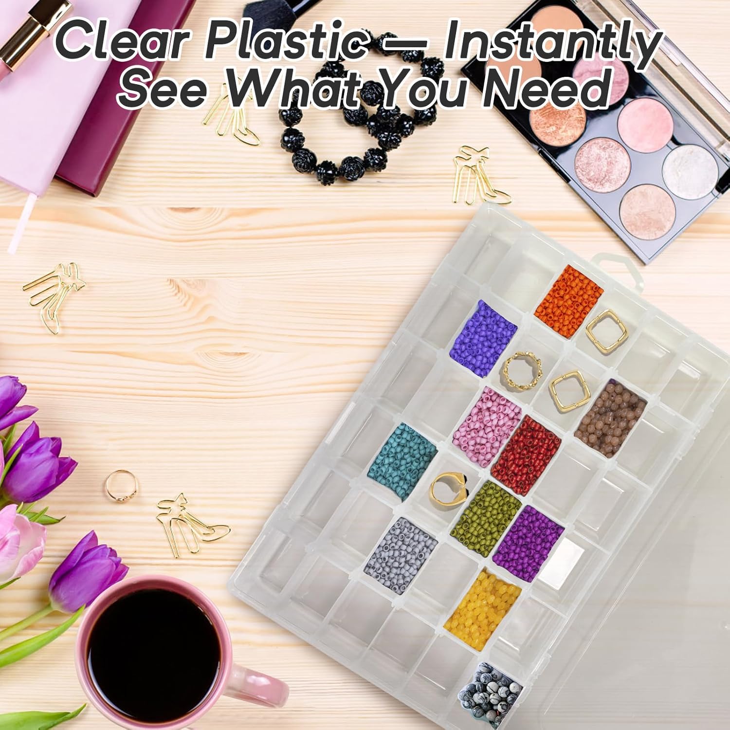 4 Pack 36 Grid Plastic Organizer Box with Dividers – Clear Small Craft Storage Container and Bead Organizer Box for Jewelry, DIY, Nail Art, Fishing Tackle, Small Parts