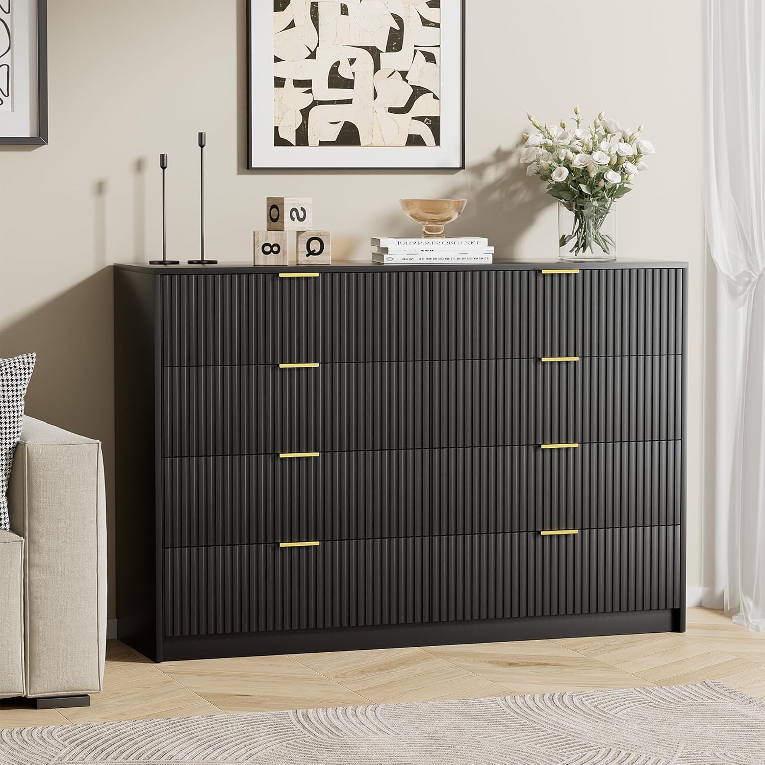 Black Dresser for Bedroom, Modern Dresser with 8 Drawers and Smooth Slides, Wide Chest of Drawers with Golden Handles for Bedroom, Closet, 15.7" D x 55" W x 37.4" H - Image 7