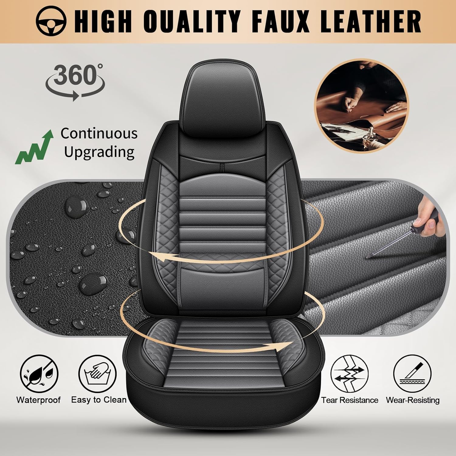 Car Seat Covers for Chevrolet Bolt 2017-2025, Full Set 5 Seats Faux Leather Seat Cover Car Cushion Protector Compatible Airbag (5 Seat Set, Black&Grey)