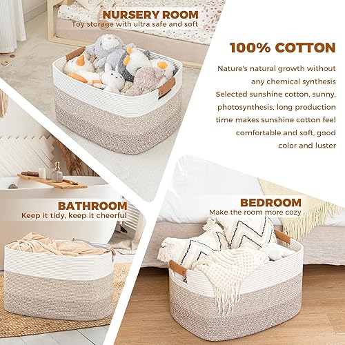 Miniatura 3 de danpinera Cesta de manta grande de 108L para sala de estar, cesta de almacenamiento tejida con asas de cuero, organización de almacenamiento de