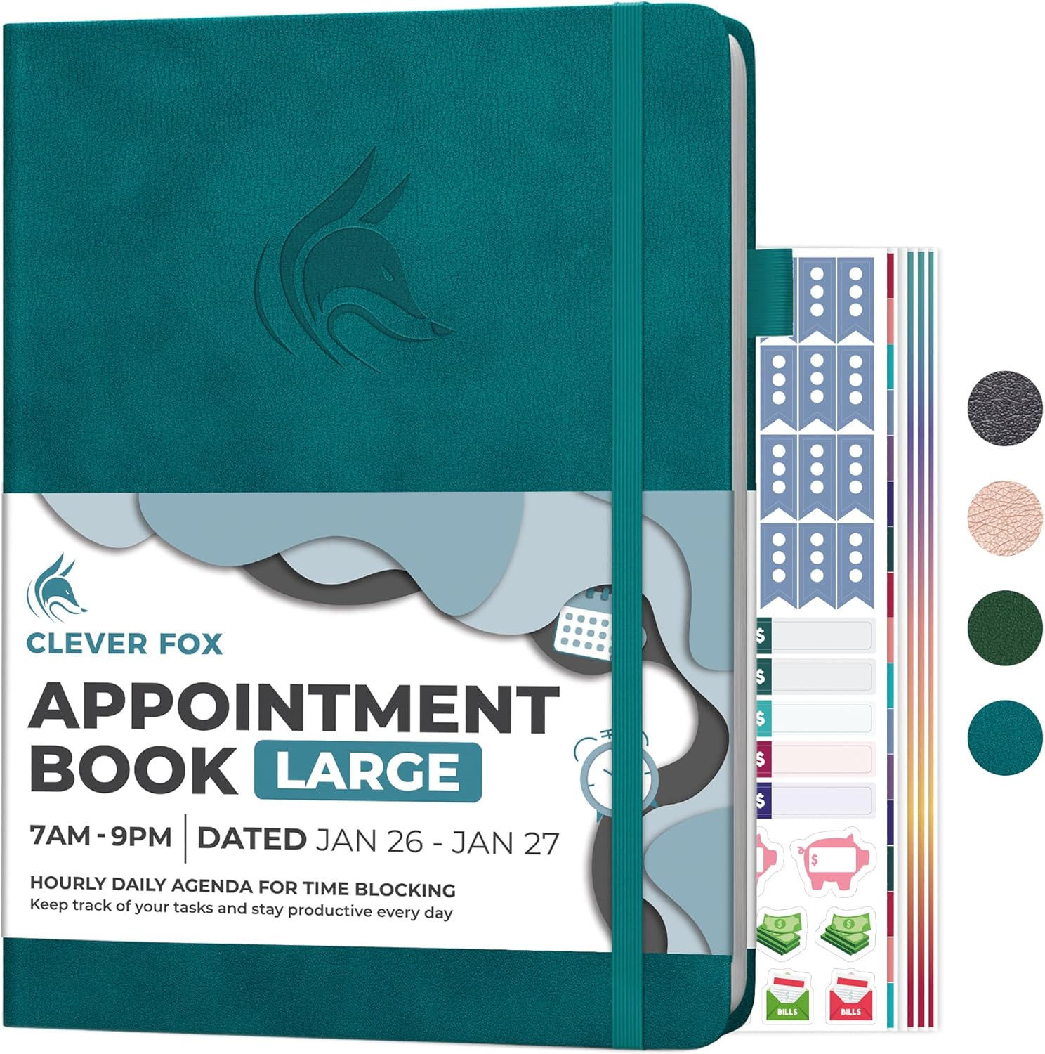 Clever Fox Appointment Book Dated Jan 2026-Jan 2027 – Hourly Schedule Planner with 15-Minute Increments – Time Box Planner for Daily Work & To-Dos – Hardcover, 8.3x11″ (Dark Teal)