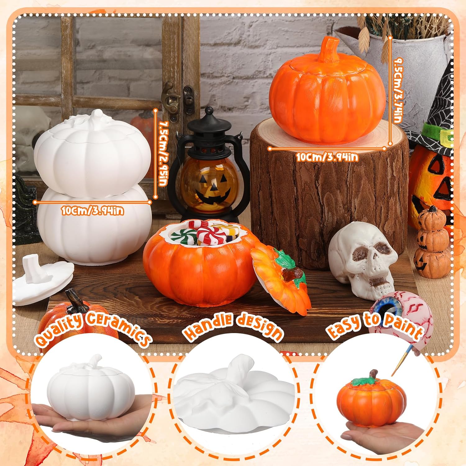 Zubebe 6 Pcs Ceramics to Paint Pumpkins Jar with Lid Bulk Paint Your Own Ceramic Pumpkin for Painting Unpainted Sugar Candy Jar Storage Canister Bisque DIY Craft for Halloween Thanksgiving