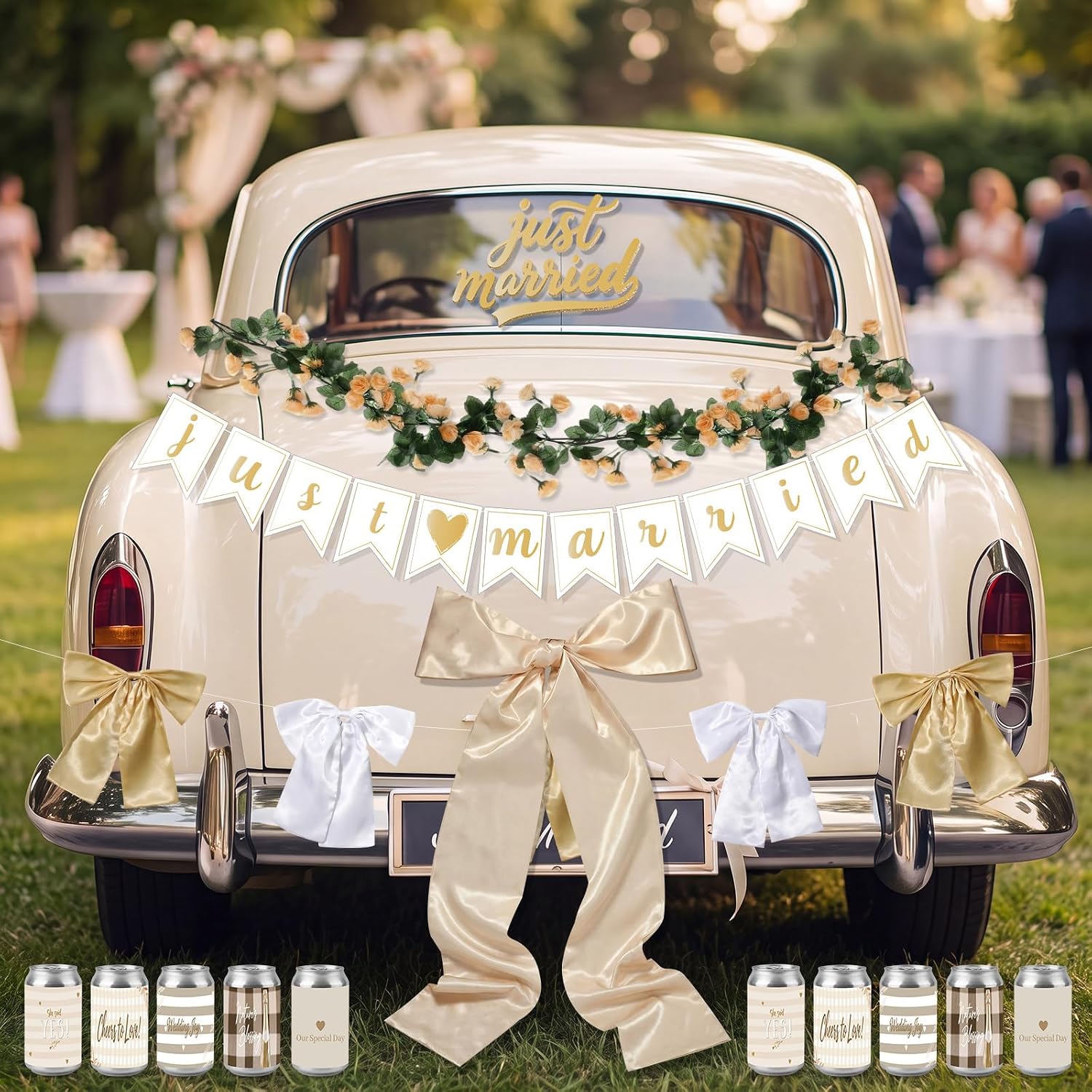 Suncalla 19 Pcs Just Married Car Decoration Wedding Banner Sticker Artificial Flower Car Window Decal Bow Wreath Ribbon for Honeymoon Wedding Reception Ceremony Party Decor Photo Prop(Champagne Gold)