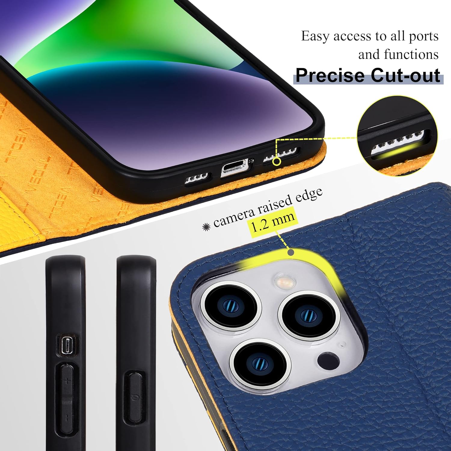 VISOUL Pebbled Genuine Leather Case for iPhone 14 Pro Max Wallet Case with Card Holder Kickstand Magnetic Flip Folio Cover Designed for iPhone 14 Pro Max (6.7")-Blue+Yellow
