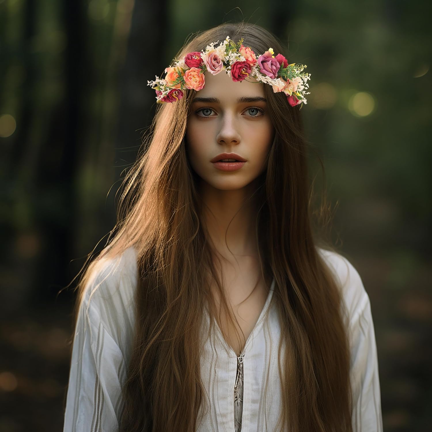 Rose Flower Crown Boho Flower Headband Hair Wreath Floral Halo Headpiece with Ribbon Wedding Party Rosy - Image 4