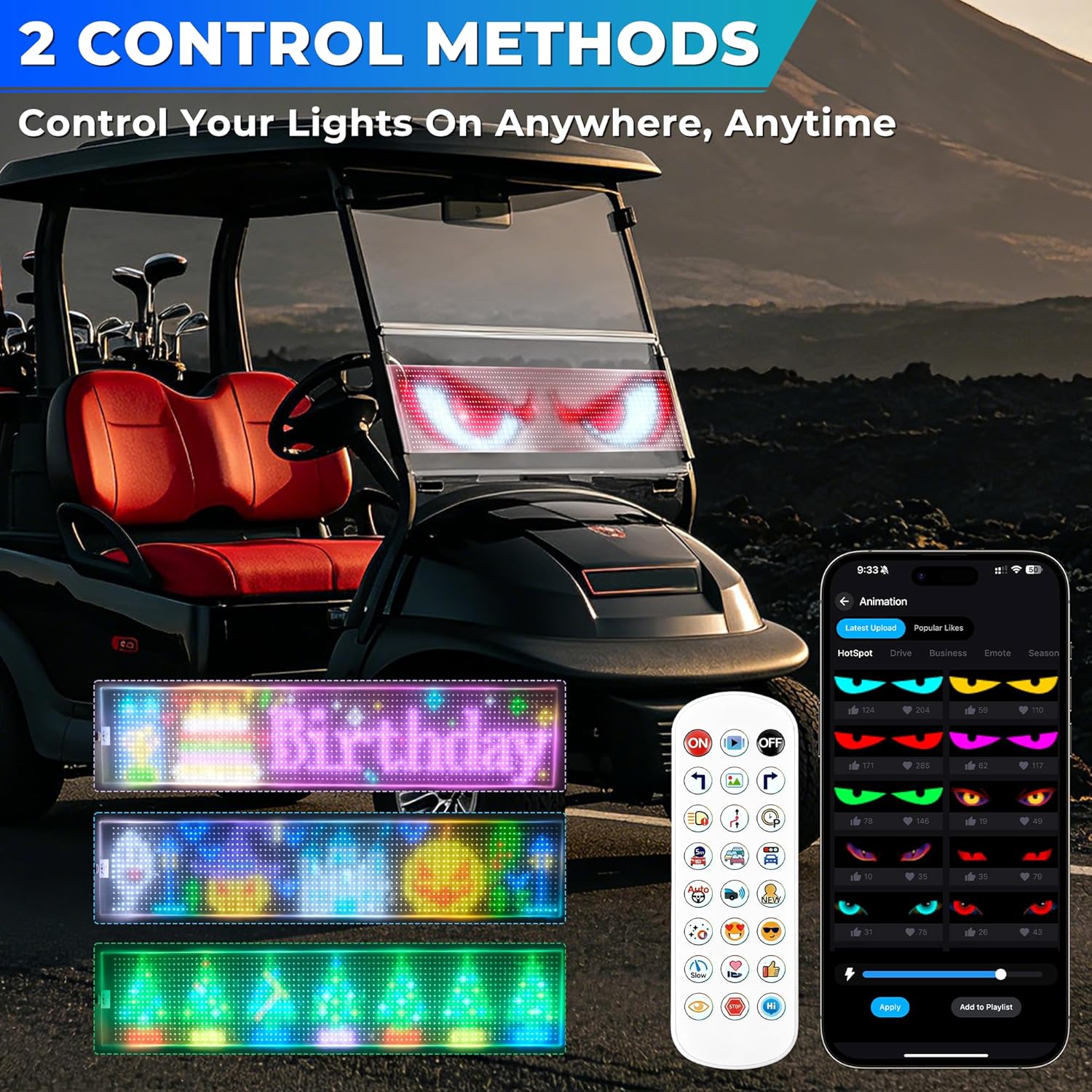 DITRIO Golf Cart Devil Eyes Light,23x5in Programmable Flexible Led Eyes for Car Windshield with App/Remote Control,High Bright DIY Animated Scrolling Electra Eyes for Golf Cart Trucks Suvs Decor image 4