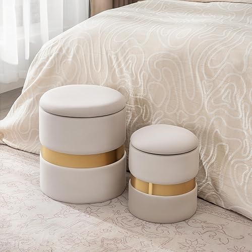 Miniatura 10 de Joveco Juego de 2 otomanas redondas con almacenamiento tapizado de terciopelo para maquillaje, otomanos multifuncionales, reposapiés acolchado para