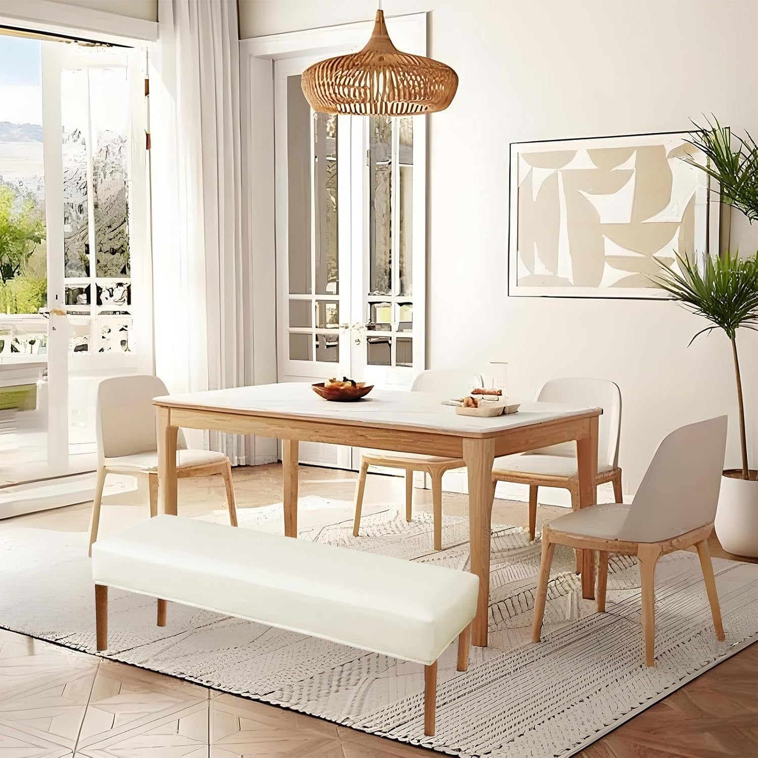 PU Leather Dining Bench Cover, Waterproof Stretch Upholstered Bench Slipcover Rectangle for Kitchen Spill Proof Stain Resistant Bench Seat Protector Cover Washable-Cream-Large