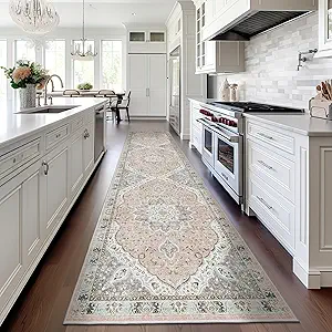 Madane Runner Rug 2x8, Washable Hallway Runner Rugs, Non-Slip Low-Pile Soft Kitchen Rug Runner Laundry Room Rug, Vintage Throw Entry Foyer Mat for Entrance Living Room (Pink/Gray, 2 x 8)