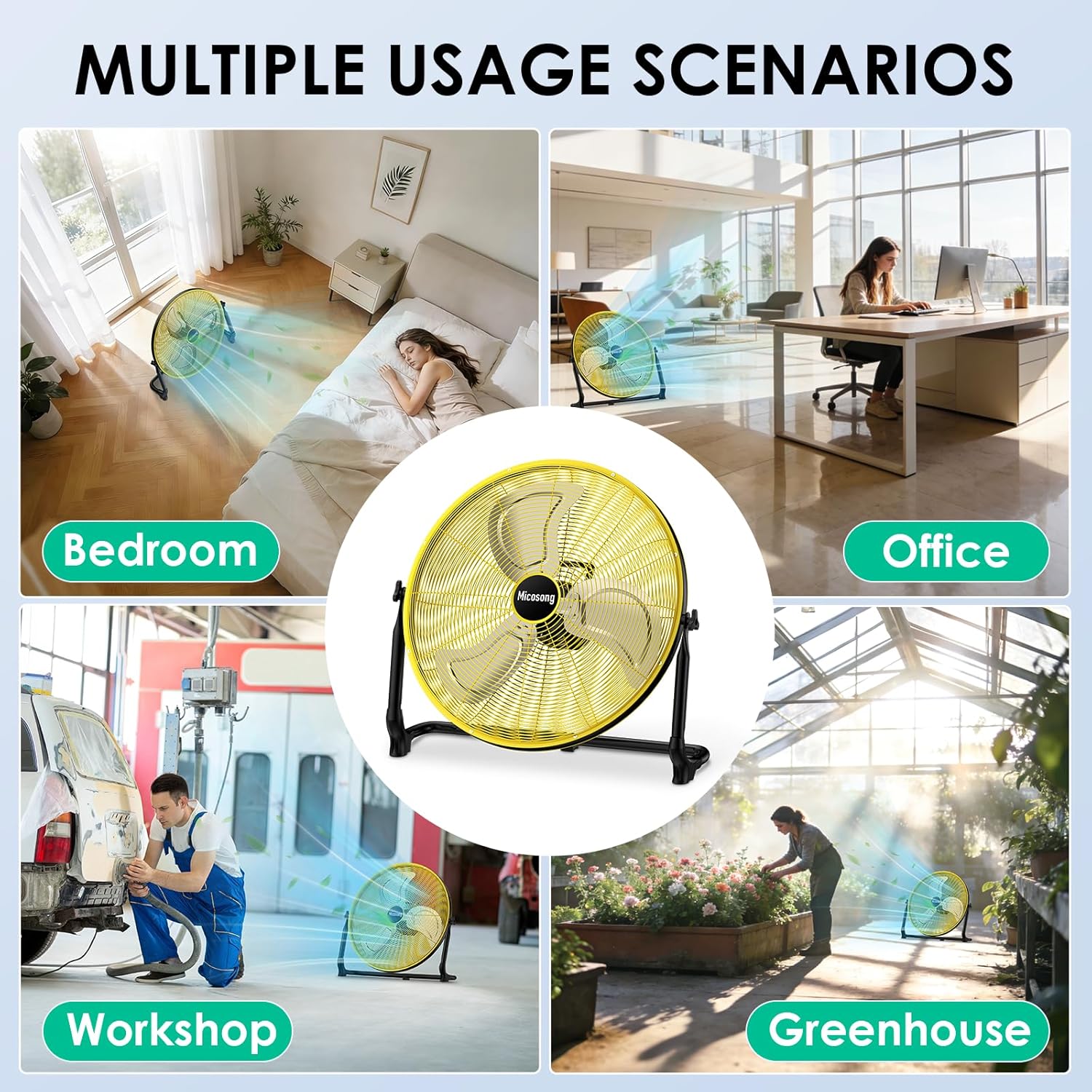 20" Large Battery Fan, Portable Battery Operated Floor Fan, Rechargeable Battery Powered Fan Outdoor, 360° Tilt, USB Output, Wireless, Hi-Airflow, for Home Garage Greenhouse Outside Gym