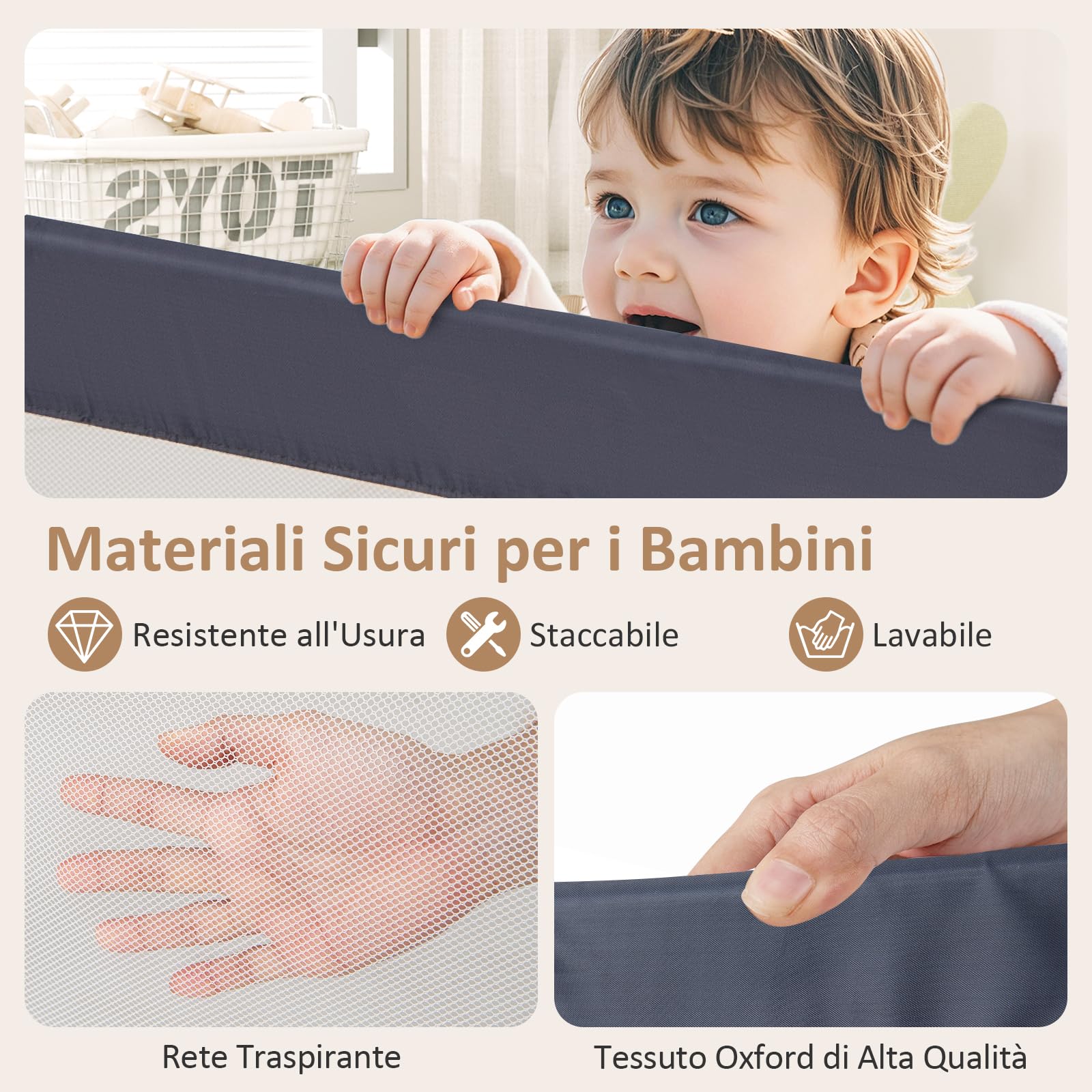 RELAX4LIFE Sponda Letto per Bambini 105/120/150cm, Barriera di Sicurezza, Traspirante e Pieghevole, Sbarra Letto per Letti Singoli e Matrimoniali (Grigio Scuro,105x38x43cm)