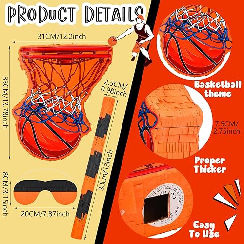 Miniatura 3 de Silipull 152 piezas de piñata de baloncesto suministros de fiesta de baloncesto con venda y palo para niños, decoraciones de fiesta de cumpleaños,