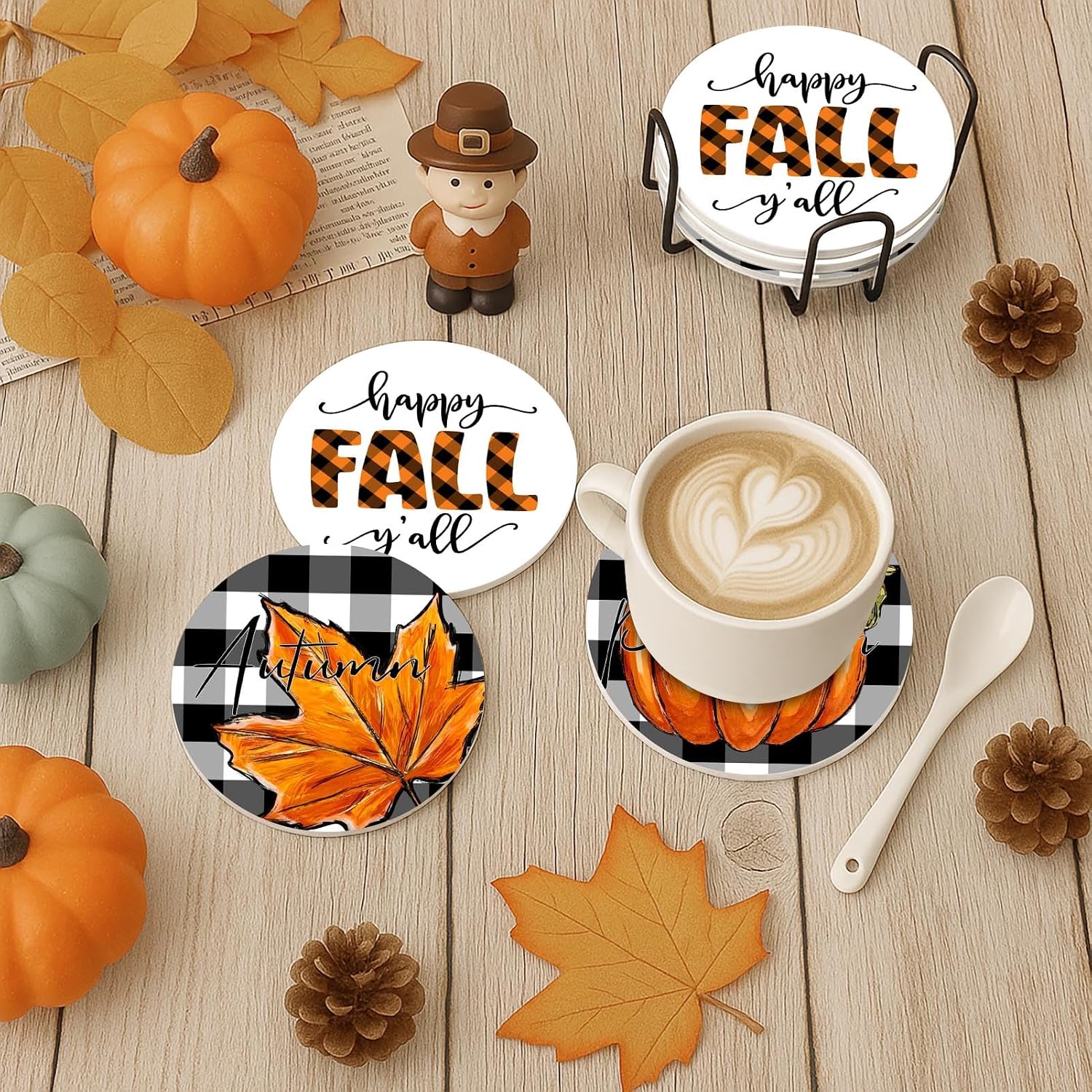 Fall Coasters for Drinks, Set of 6 Ceramic Stone Plaid Pumpkin
