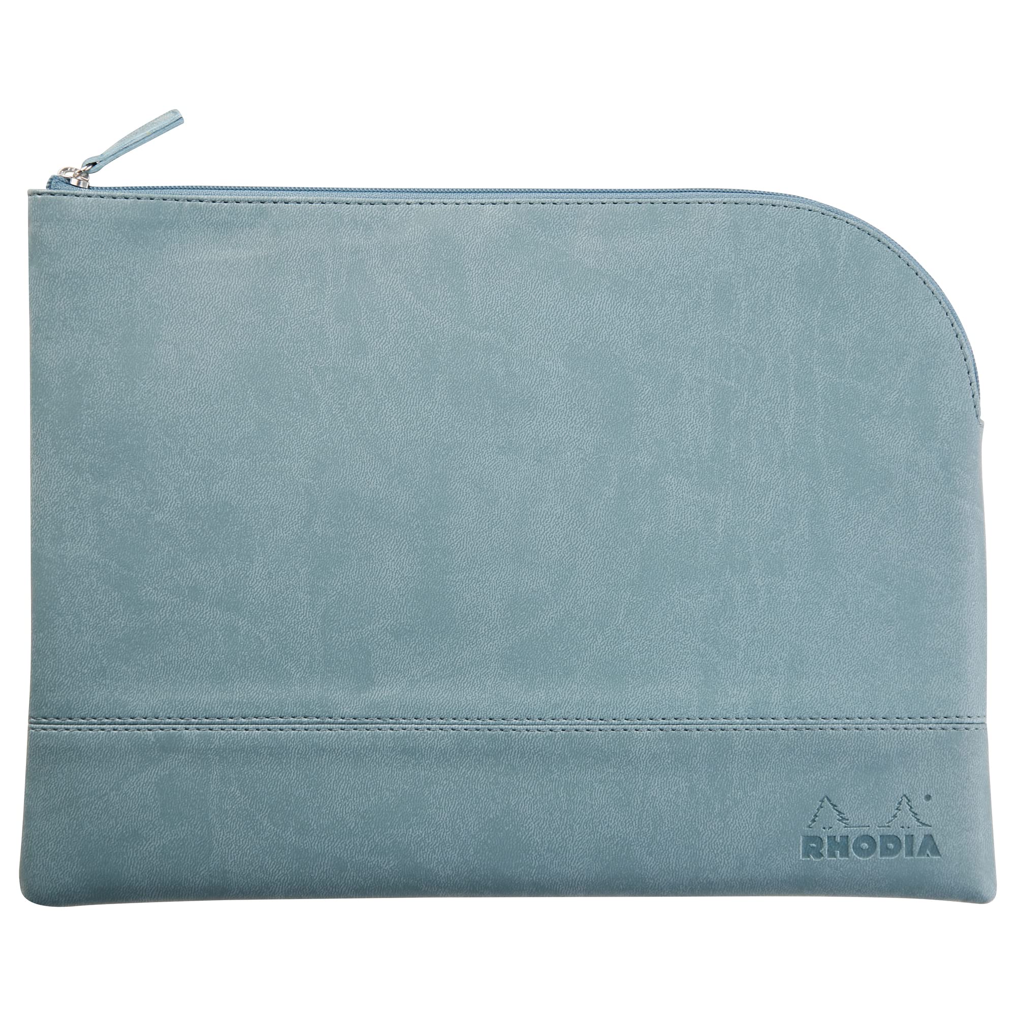 RHODIA 116735C - Pochette Zippée en Simili Cuir - Eau - Taille L (21 x 28 cm) - Coutures Véritables - Intérieur Tissu Orange - Rangement Documents, Petites Fournitures
