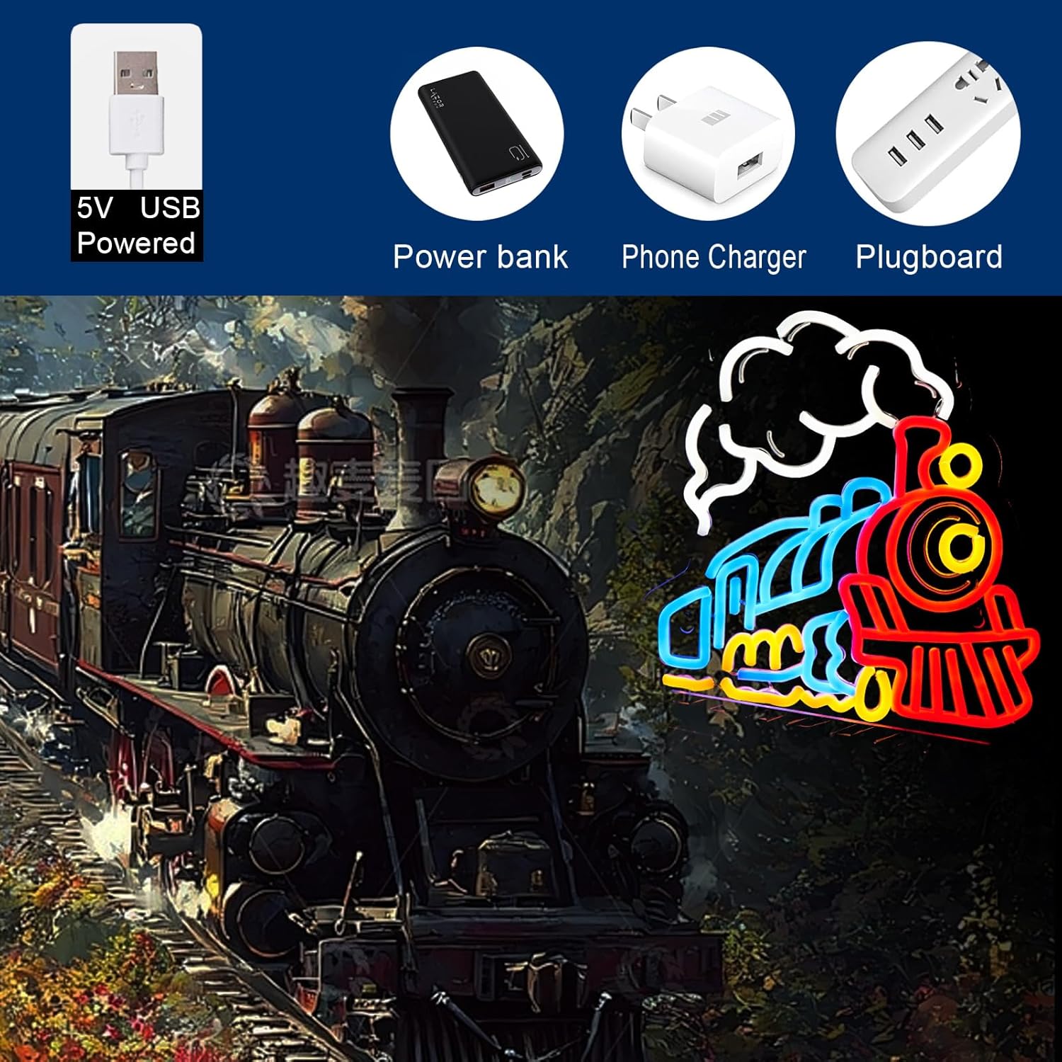 Steam train Neon Sign Train Lamp for Wall Decor Smart plug timer compatible USB-Powered Teen Room Birthday Gifts for Kids Boys Room Decor(12.6x14.3Inch)