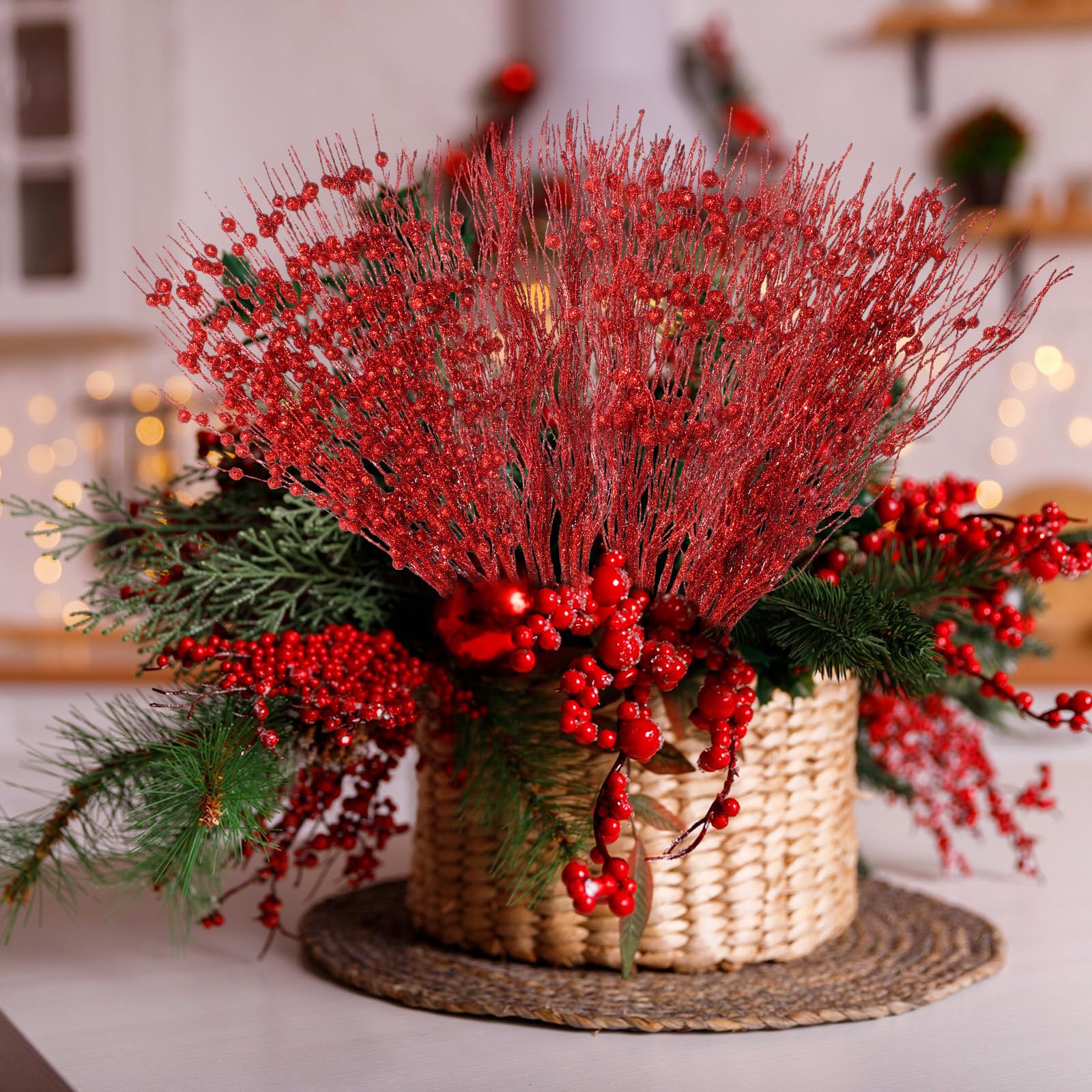 36 Stück Weihnachtsbaum-Plektren, 4 Stile, künstliche Glitzer, Beerenstiel, Weihnachtsschmuck, glitzernde Zweige für Weihnachtsbaum, Weihnachtskranz, Vasenfüller (rot)