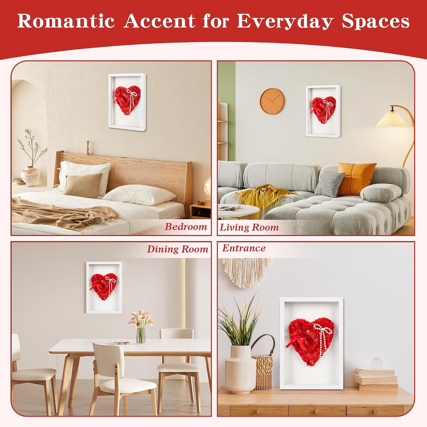 Framed Red Heart Dried Flower Decor (7.8x11.8 Inch) - Romantic Tabletop or Shelf Accent, Real Botanical Floral Art for Valentine's Day, Bedroom, Entryway & Airbnb