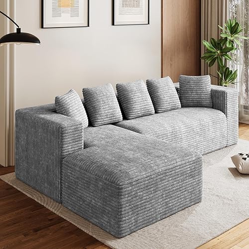 Oversized L Shaped Boneless Sectional Couches for Living Room, 107" Comfy Fluffy Cloud Modular Sectional Sofa, Plush Corduroy Memory Foam Floor Sofa with Left Facing Chaise Couch