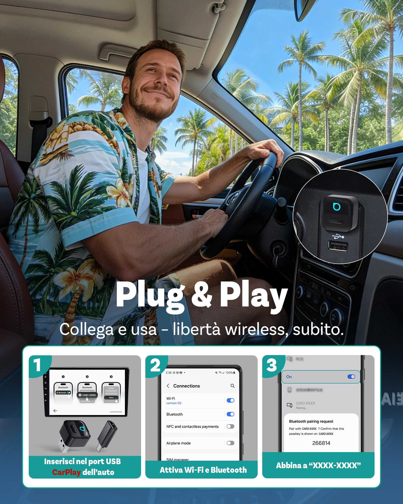 OTTOCAST Mini Pico Adattatore Wireless CarPlay e Android Auto, Trasforma CarPlay cablato in wireless, Passaggio con un tocco tra 2 telefoni, Riconnessione automatica rapida, WiFi 6, Bluetooth 5.4