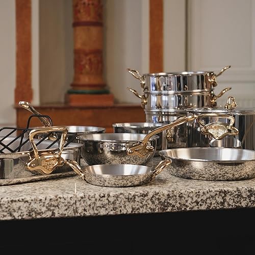 Miniatura 4 de Mauviel M'Cook B - Sartén de acero inoxidable pulido de 5 capas con tapa, latón y mango auxiliar, 6.2 cuartos de galón, fabricado en Francia