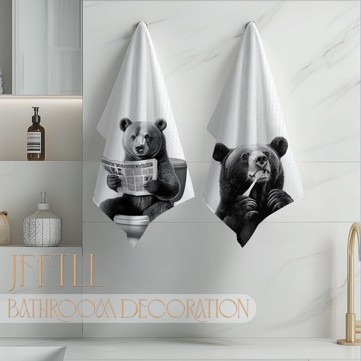 Bear Bathroom Decor Hand Towels, Bear Gifts for Women Men, Animal Lover Gifts, Black and White Wild Animal Hand Towels for Bathroom Washroom Restroom Decor, 16x24 Inch, Set of 4