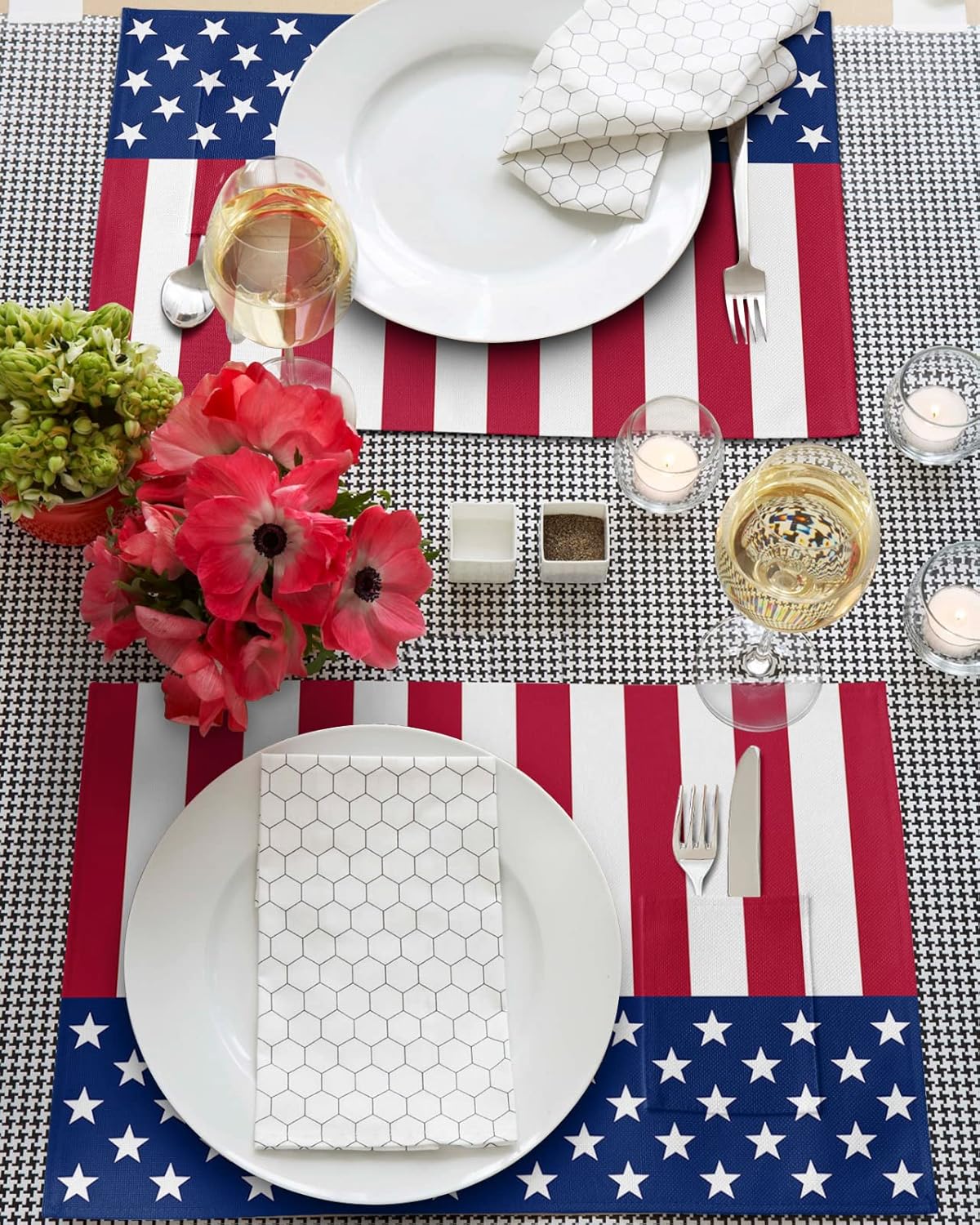 Heat-Resistance Place Mats, Sturdiness Table Mats, Indoor Outdoor Placemat - Easy to Clean American USA Flag Independence Day Blue and Red Placemats with Pocket 13x19 Inch
