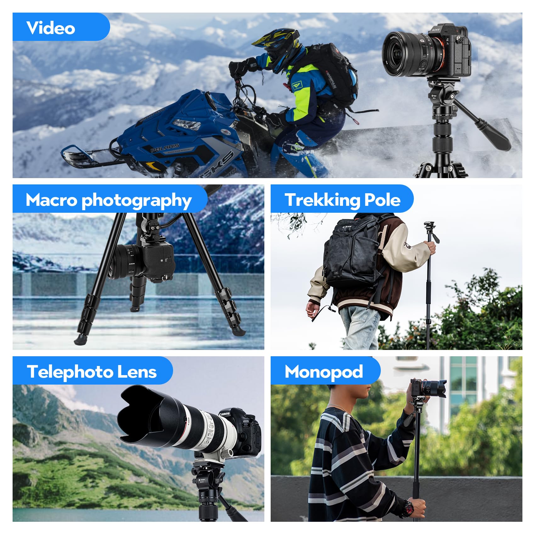 Fotopro Trípode de 168 cm/66 Pulgadas, trípode de Viaje de Aluminio y monopié con Cabezal de Fluido de 360°, trípode Profesional para cámara réflex Digital Canon Nikon Sony, Carga hasta 10 kg/22 lbs
