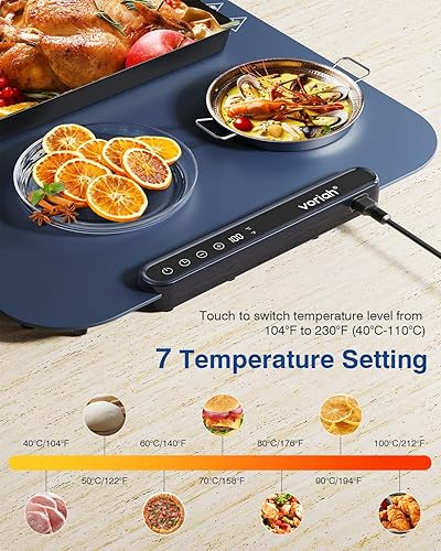 Miniatura 2 de Voriah Tapete de calentamiento para alimentos, bandeja de calentamiento eléctrica grande de 27.5 x 15.7 pulgadas, 7 niveles de temperatura, calor