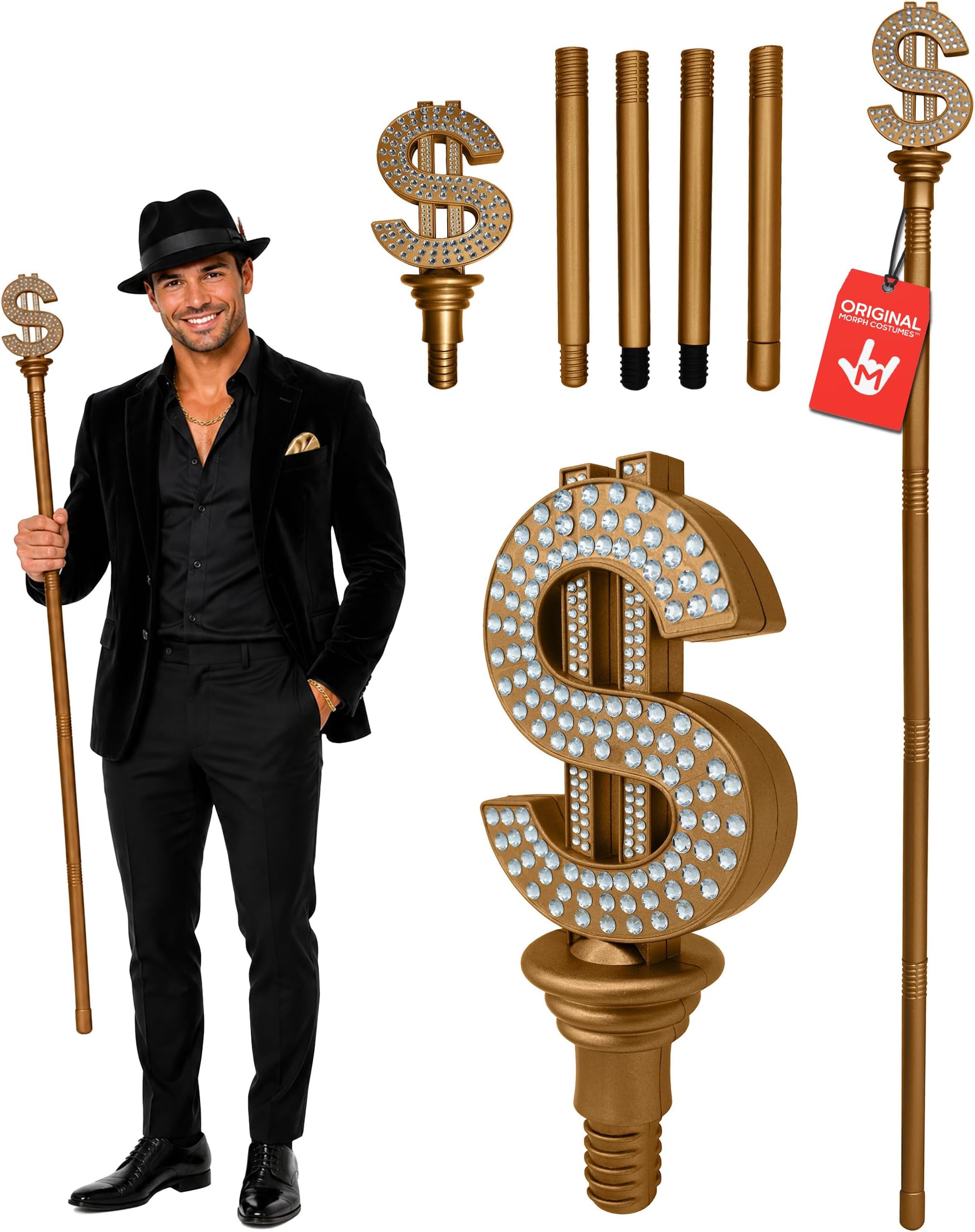 Pimp Cane, Fake Cane, Gold Scepter, Pimp Canes Costume Outfit for Men, Money Canes Prop - 49.5 Inch