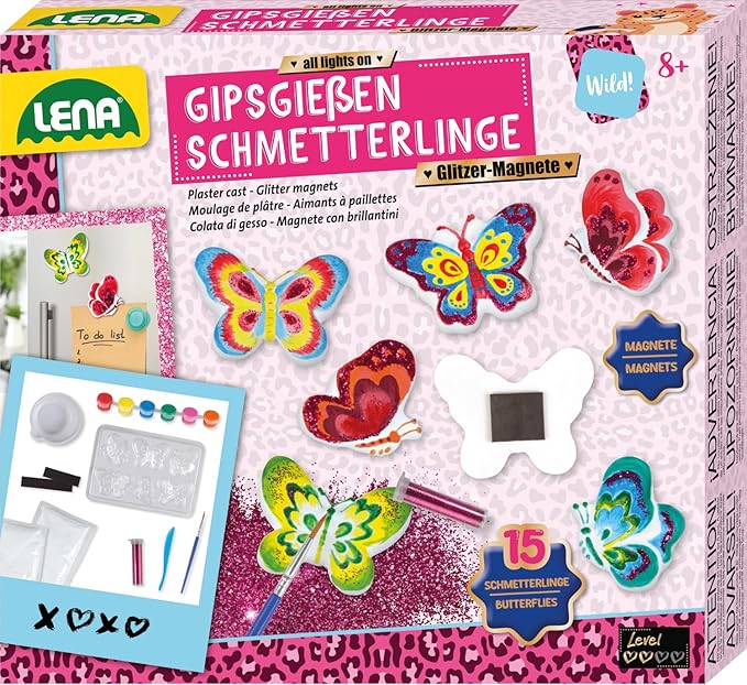 Lena 42707 Gips Gießen Set Glitter Schmetterlinge – Kreativ Set für Kinder ab 8 Jahren zum Selbergießen von bezaubernden Schmetterlingen, Mit Gips, Formen, Glitzer und Werkzeug