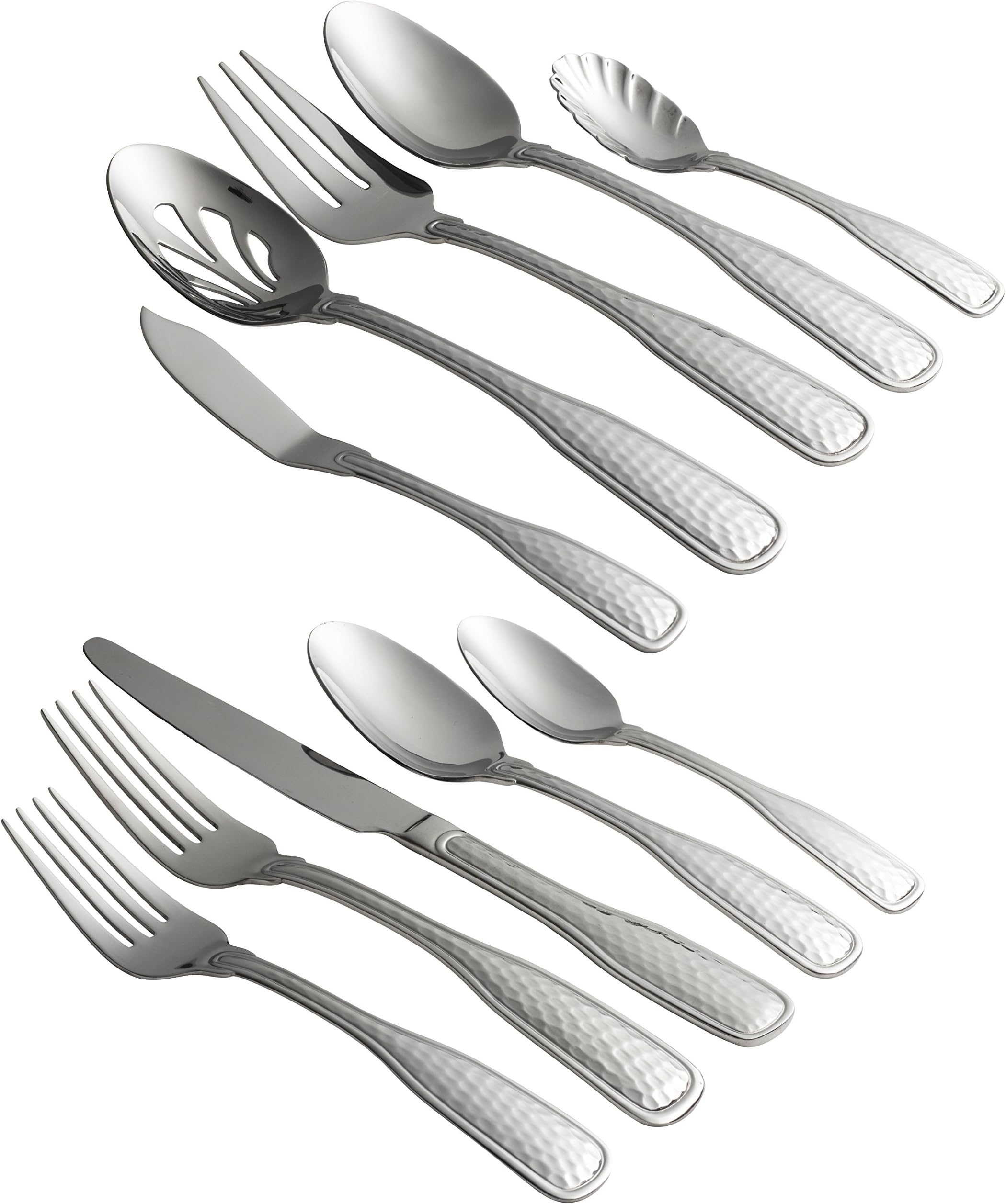 Jaf Gifts 65 Piece Silver Flatware Set - Stainless Steel Cutlery Service For 12 With Soup Spoon, Teaspoon, Dinner Knife, Dinner And Salad Fork Plus Serving Utensils - Hammered Design