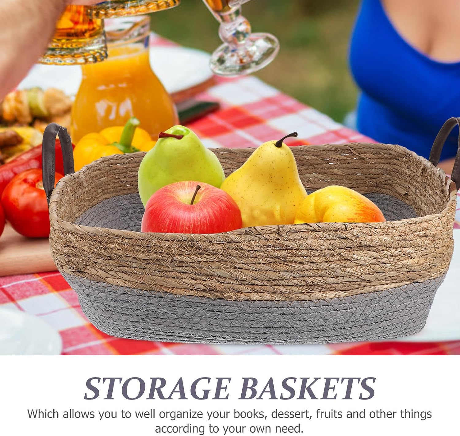 Hemoton Hand Woven Storage Basket with Handle for Desktop Organization