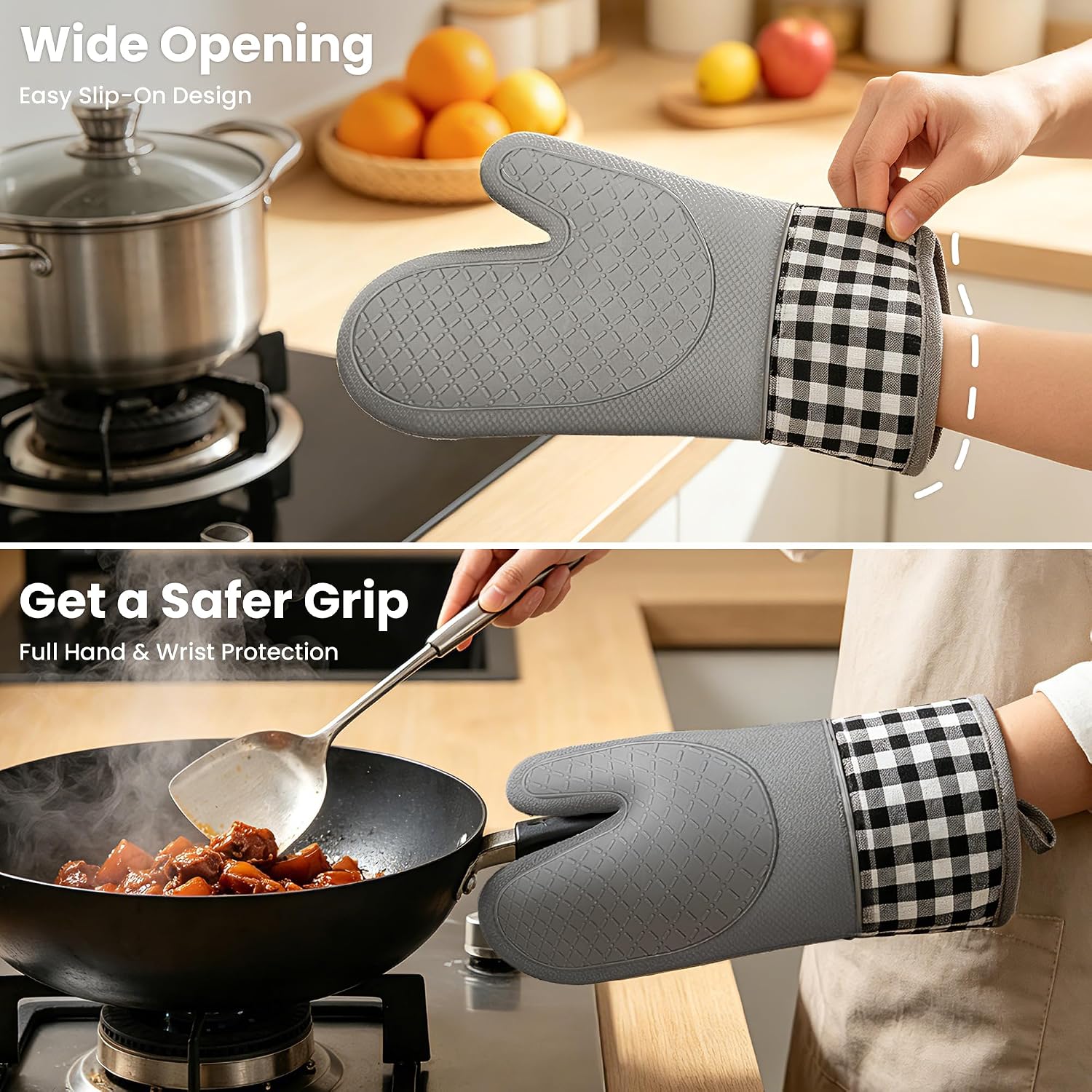 Oven Mitts & Pot Holders 6pcs Set, Heat-Resistant Gloves with Non-Slip Silicone Surface for Grilling, Cooking & Baking