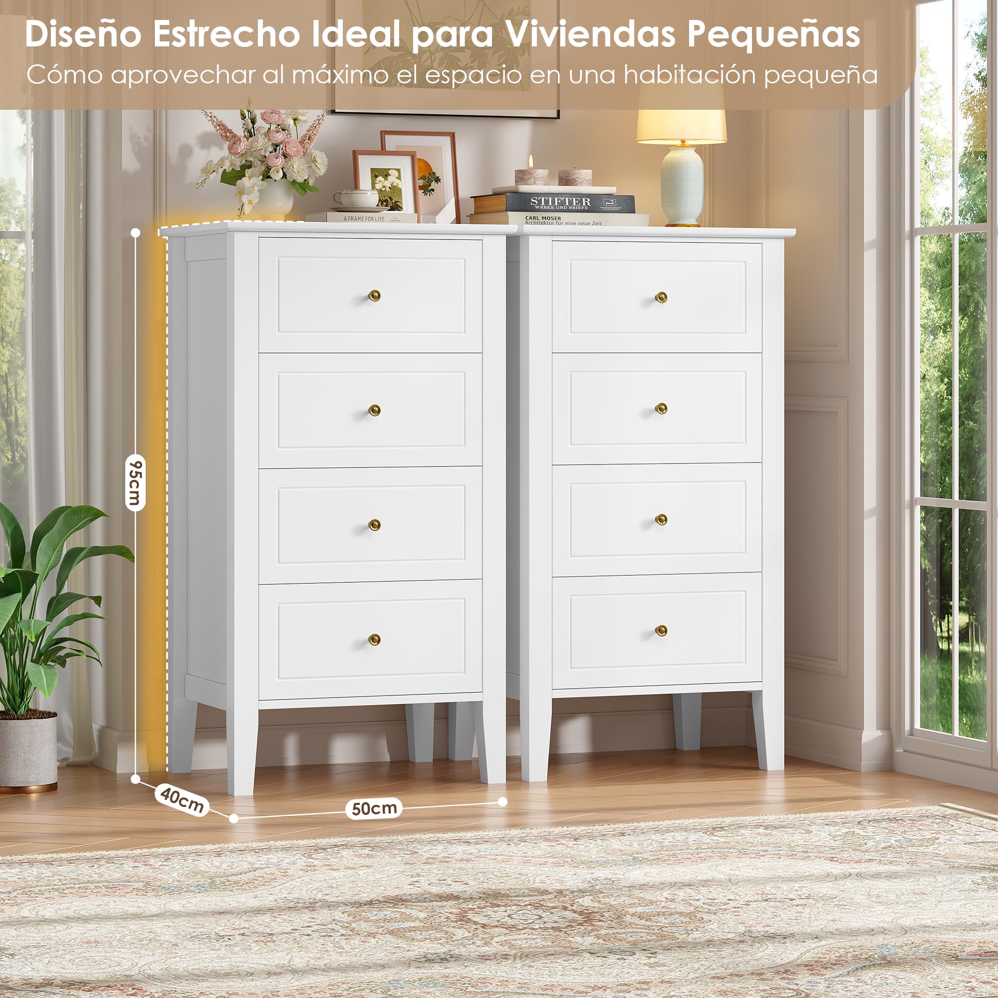 FOREHILL Sinfonier Dormitorio Alto Comodas y Cajoneras Dormitorio 4 Cajones | Comoda, Sinfonier Blanco, Cajonera Blanca, para Salón, Baño, Madera, 50x40x95cm