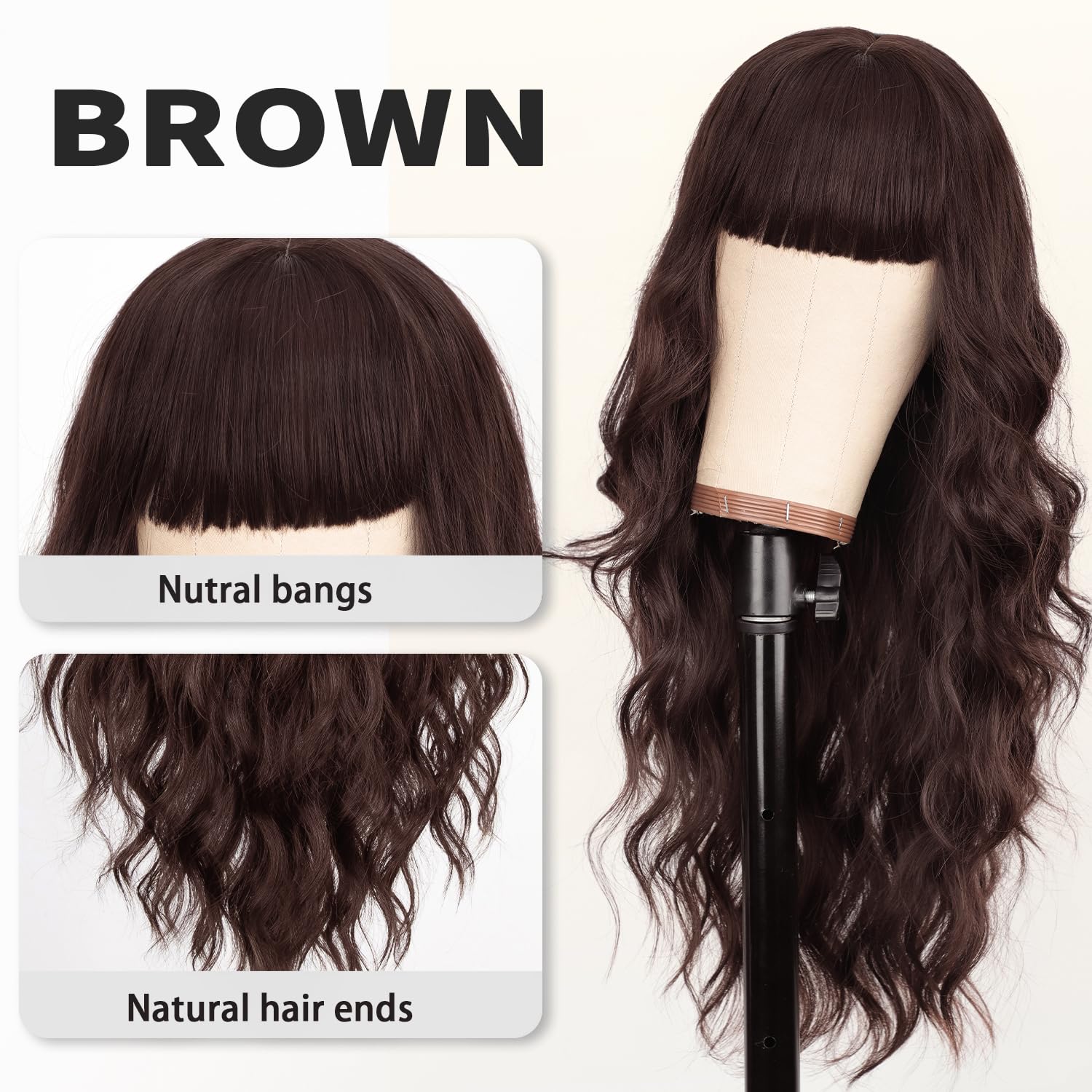 AISI HAIR 【Beginner Friendly Wigs Brown Wig with Bangs Long Wavy Synthetic Wig for Women with Daily Party Use