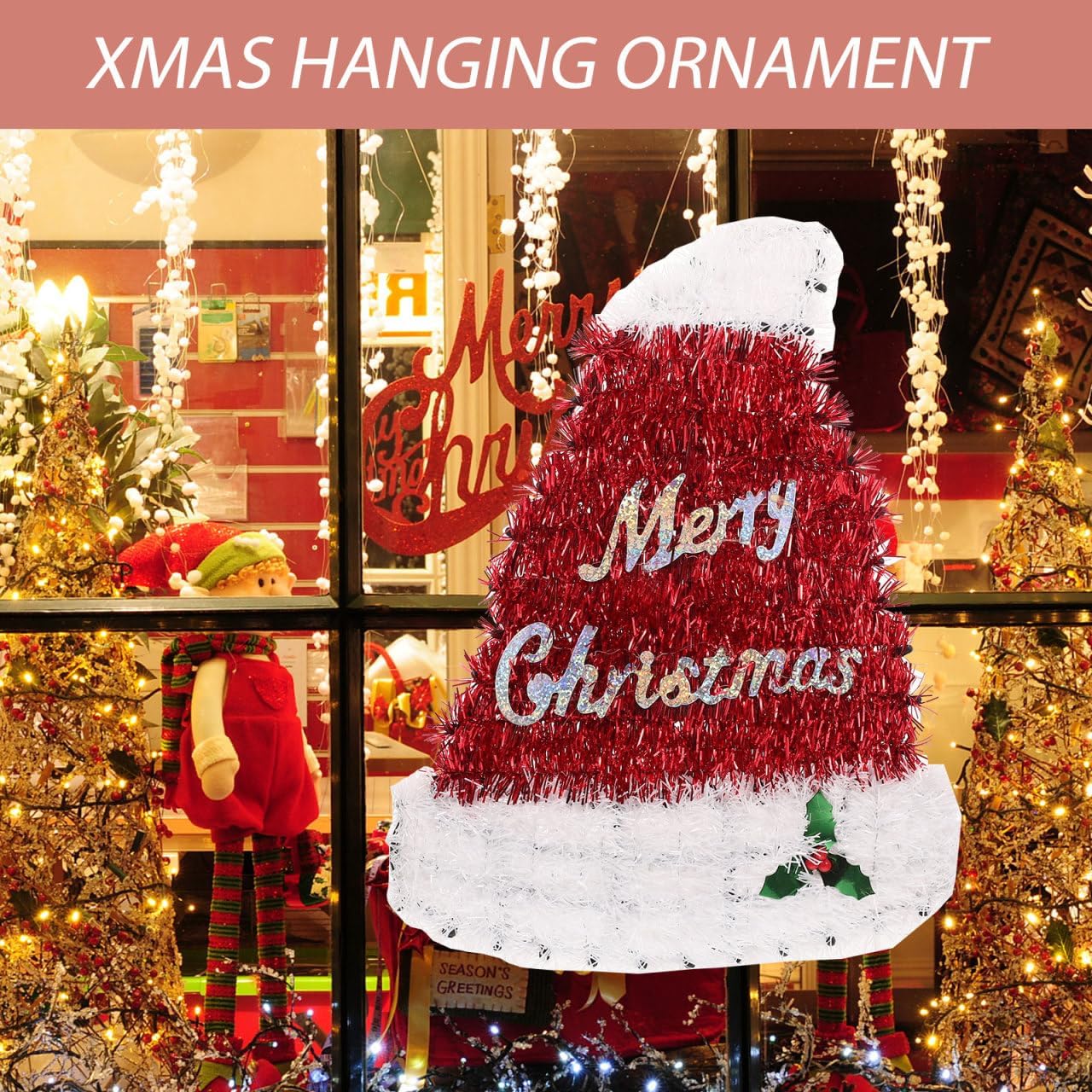 Unomor 2pcs Santa Hat Ornaments for Christmas Home Decoration Lightweight Tinsel Hanging Decor for Ceilings and Doorways Festive Holiday Party Accessories