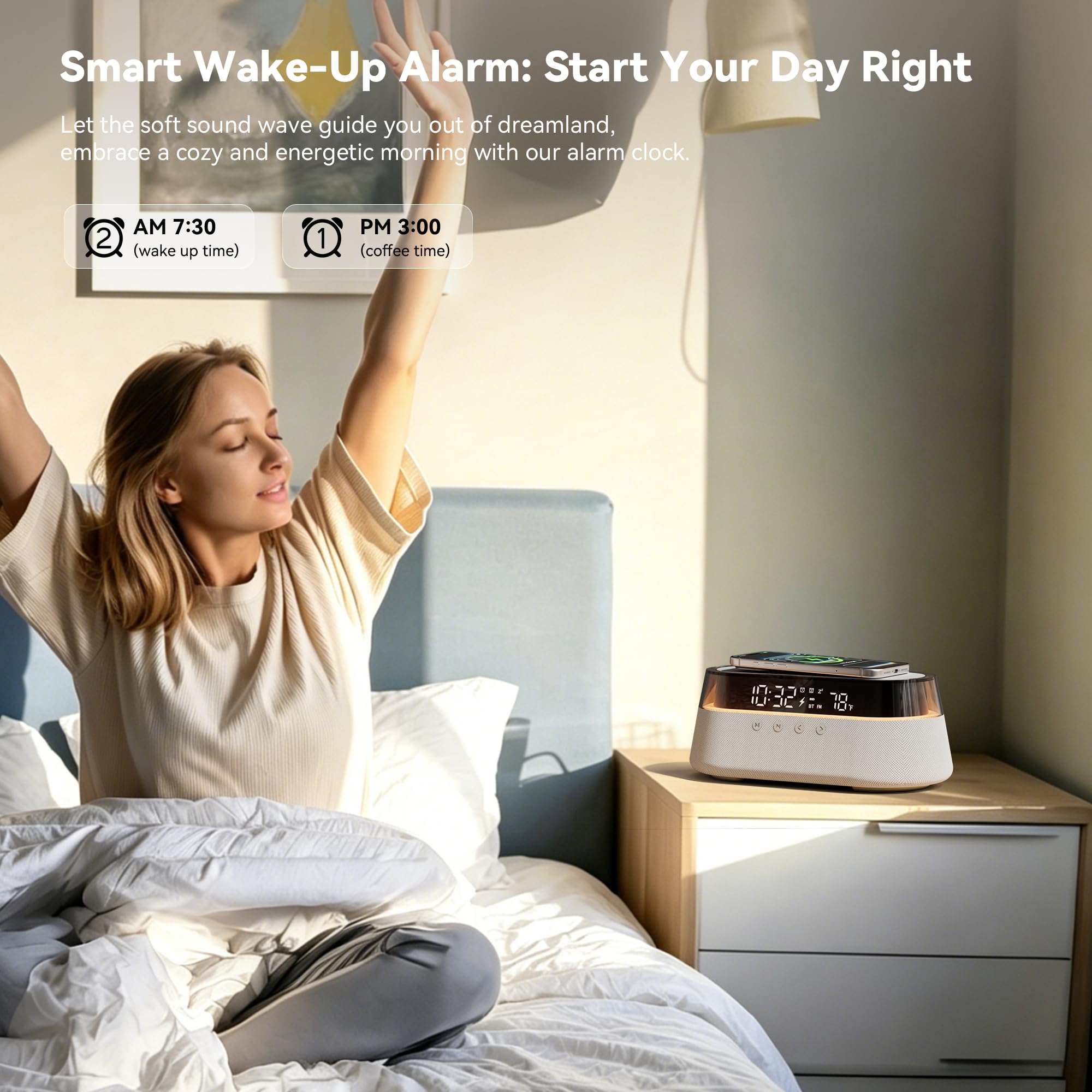 Altoparlante Bluetooth con Sveglia Caricatore Wireless 15W con Telecomando | Doppia Sveglia con Radio, Funzione Snooze e Luce Notturna per la Camera da Letto o l'ufficio Regalo Uomo Donne