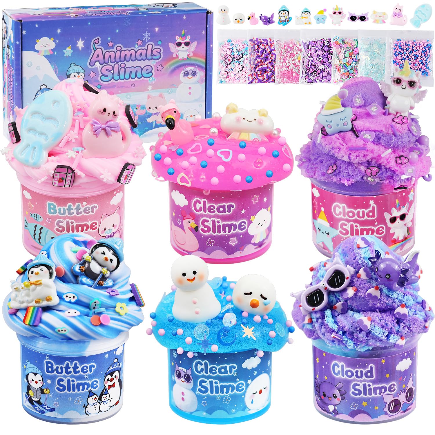 LAWOHO 6 Packs Axolotl Slime Kit, Cloud, Clear, Butter Slimes Kits for Girls & Boys, Non Sticky & Fluffy Kids Slime