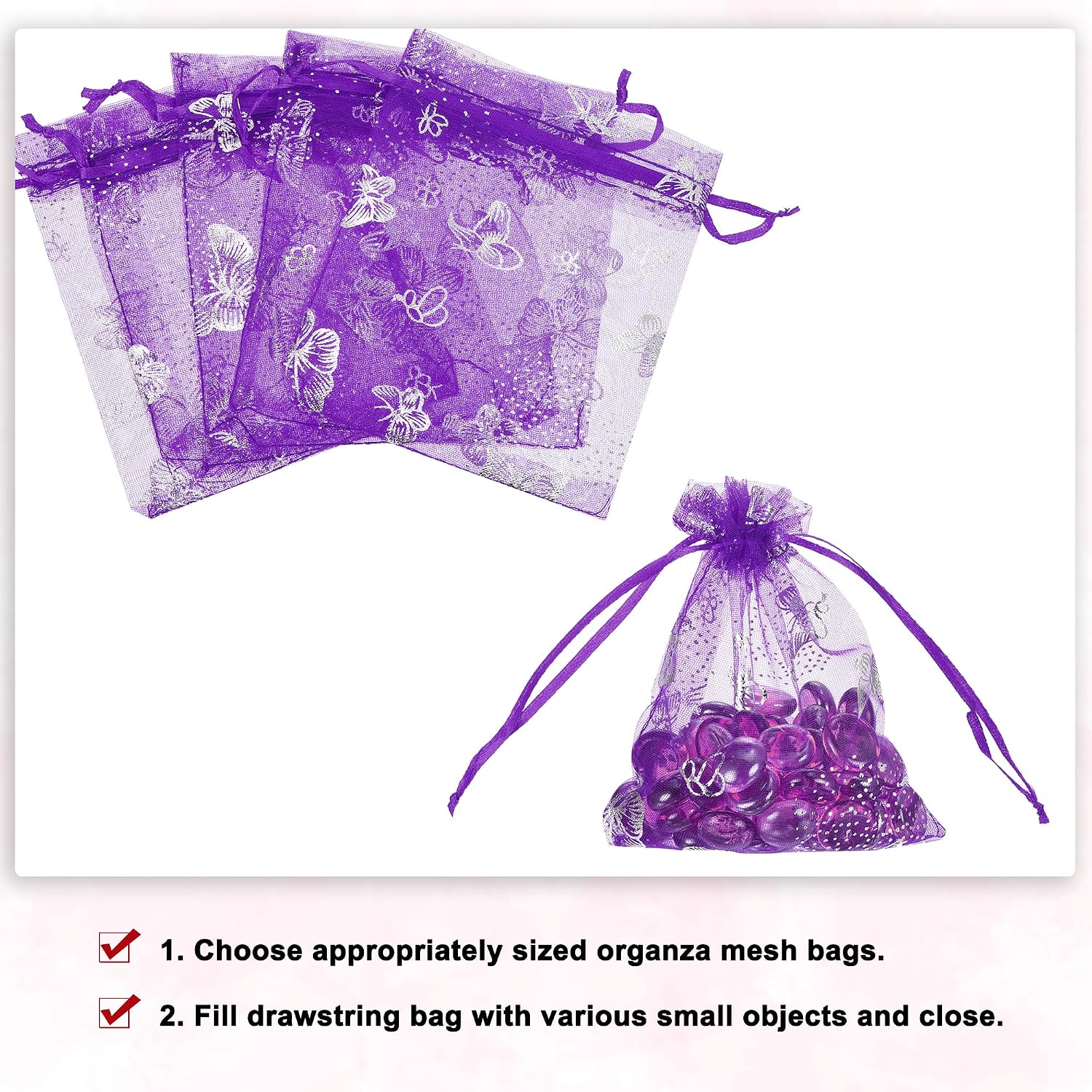 MECCANIXITY Organza Bag 4" x 5", Sheer Butterfly Mesh Bags Drawstring Gift Bags Bulk Party Favor Bag Jewelry Pouches for Wedding Candy Valentines (Dark Purple-Silver, Pack of 100)