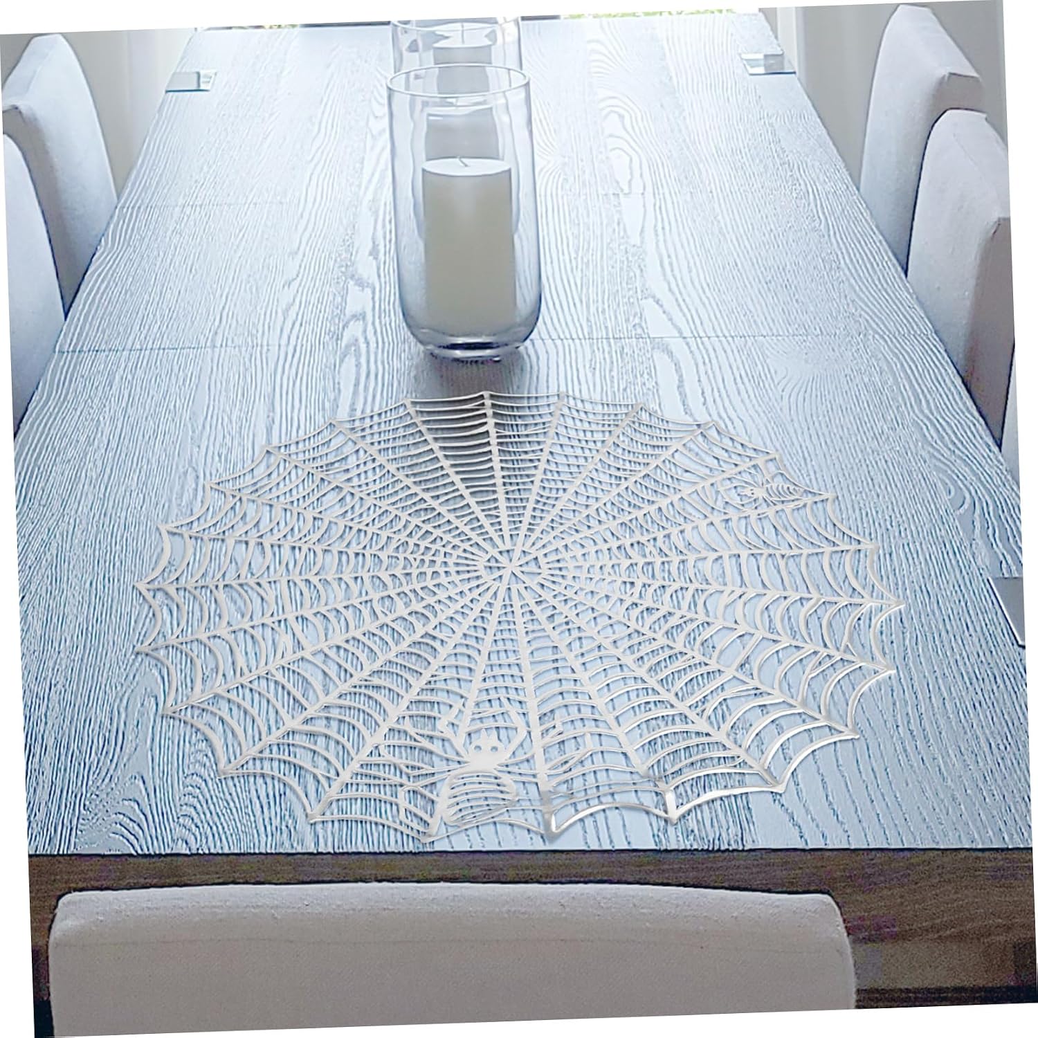 Garneck 4pcs Halloween Spiders Web Placemats 14.9In White Waterproof Web Round Placemats Table Holiday Decor Spider Bowl Mats Heat Non-Slip