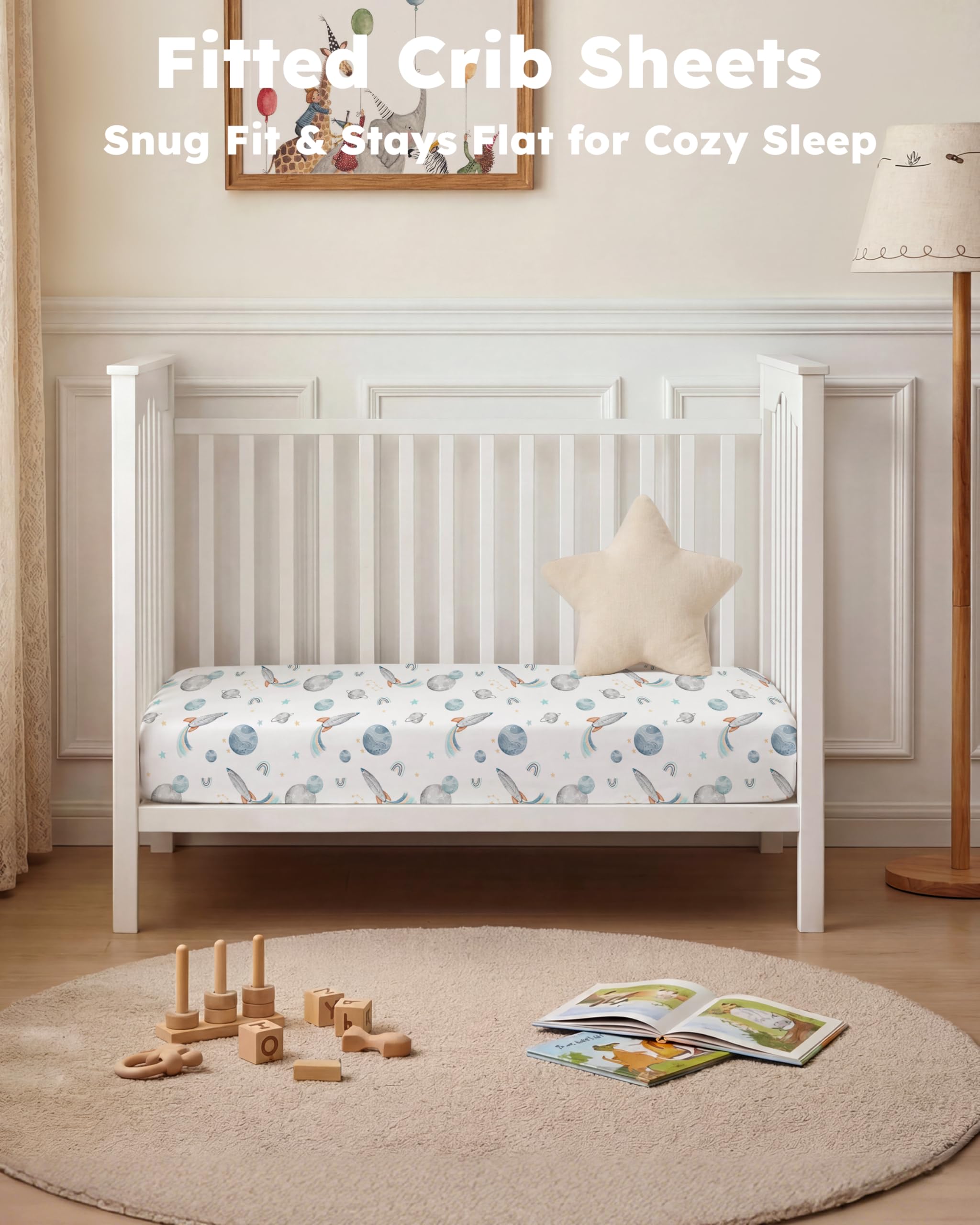 Nyessmee Baby Crib Sheets for Boys and Girls, Fitted Crib Sheets 52" x 28", Soft Breathable Microfiber Sheets for Standard Crib and Toddler Mattress, 2-Pack Blue Rocket - 3