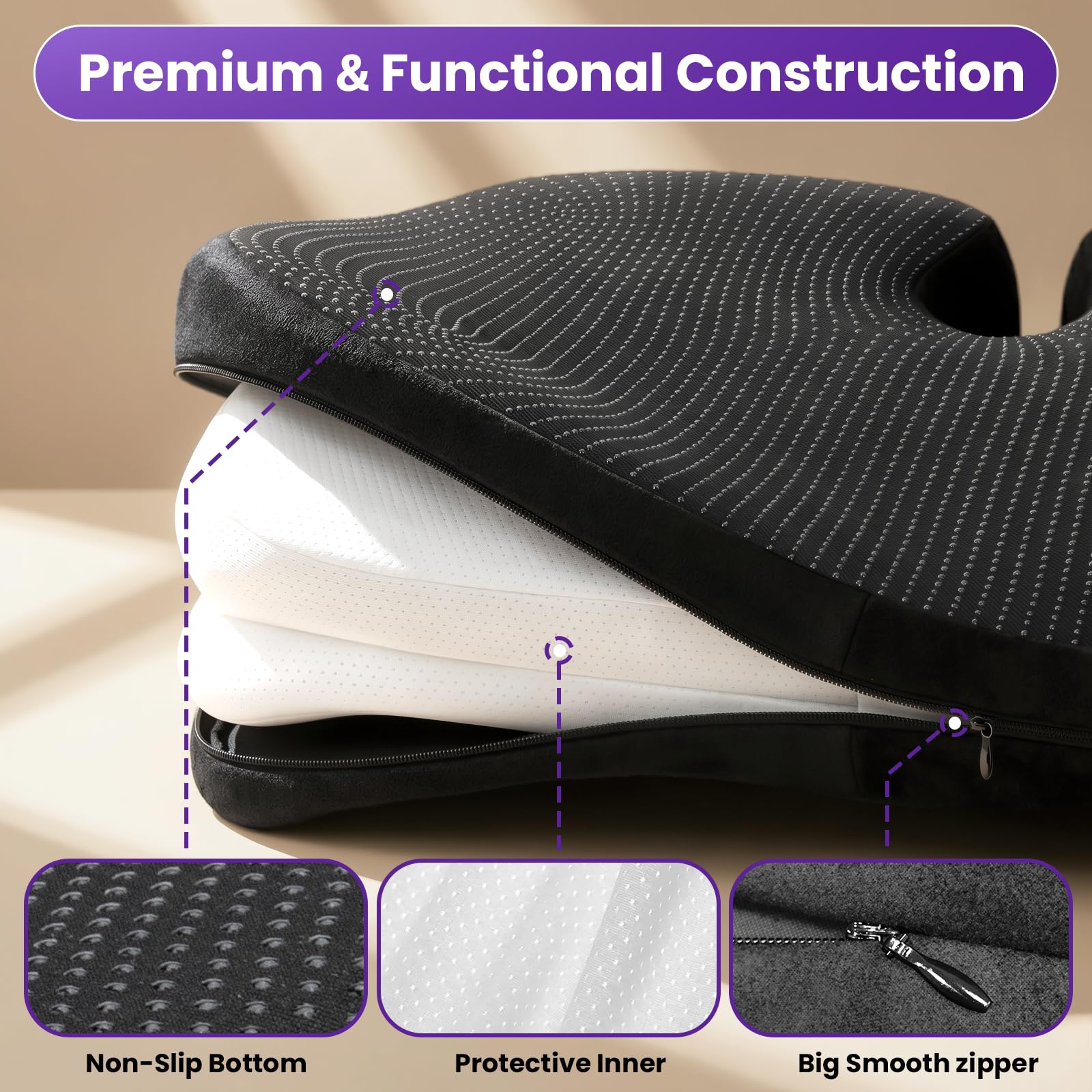 ZZ-WELL Cojín de asiento para silla de oficina, cojín de espuma viscoelástica de tamaño grande para sentarse durante mucho tiempo (negro)