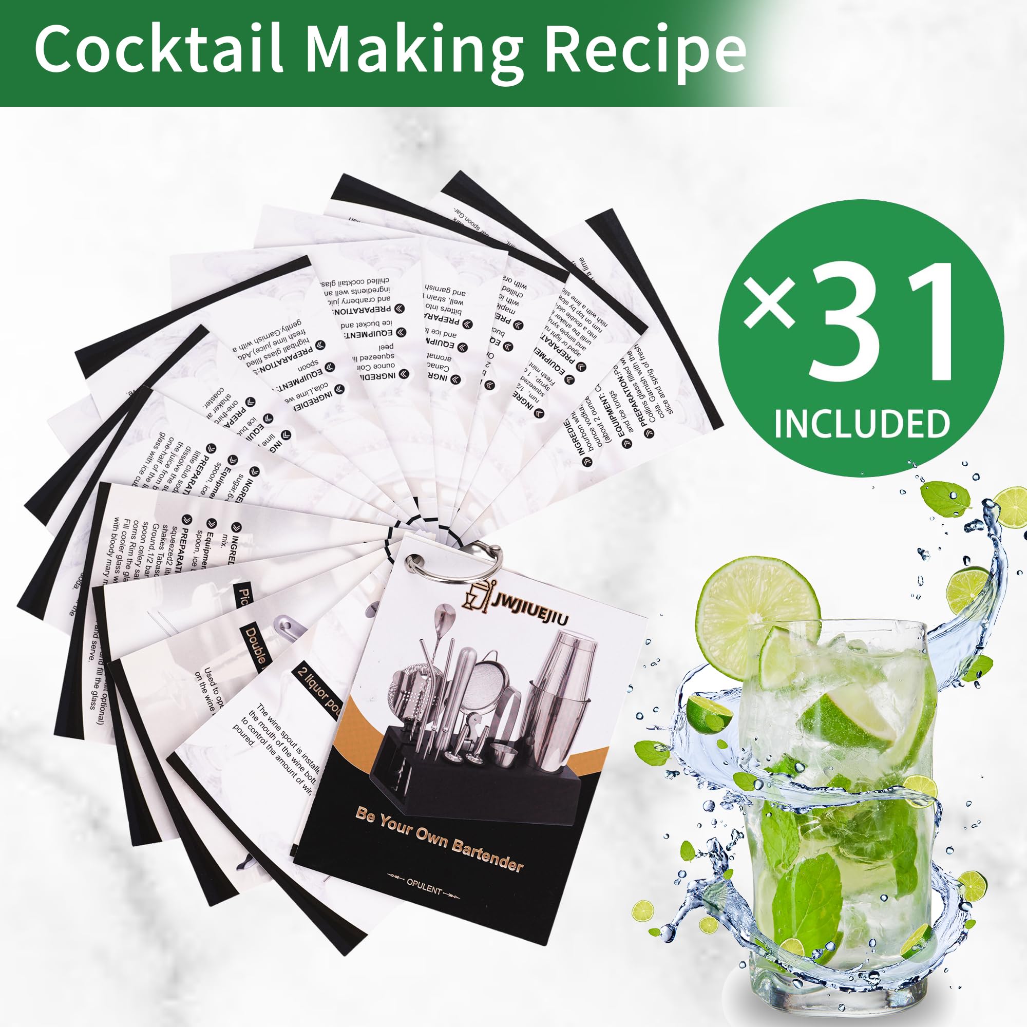 Juego de coctelera Boston, kit de coctelera Boston de 15 piezas, accesorios de barra de acero inoxidable, kit profesional de bar para el hogar con folleto de recetas (dorado, soporte negro)