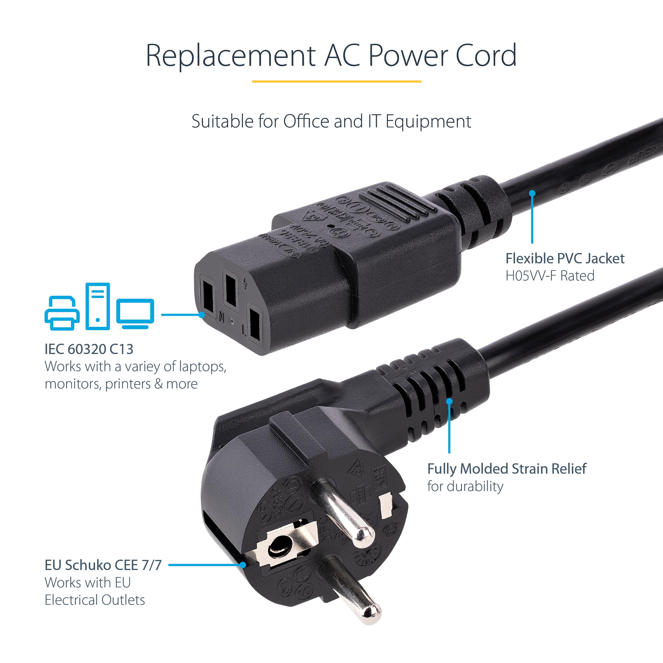 StarTech.com Cavo di Alimentazione per Computer 2m, EU Schuko a C13, 10A-250V, 18AWG, AC Ricambio per Stampante PC Monitor UL (PXT101EUR)