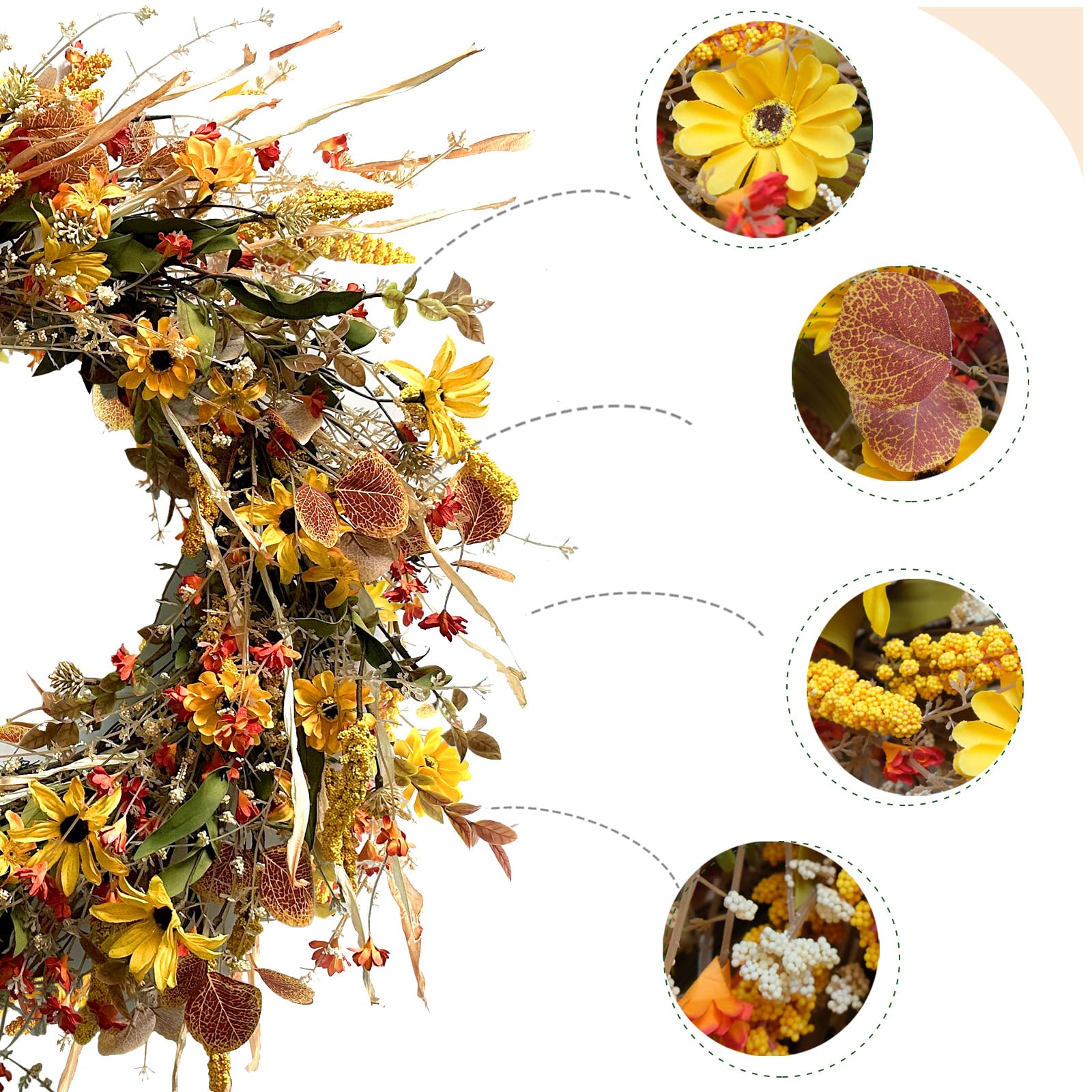 Couronne de feuilles d'eucalyptus en forme de marguerite jaune d'automne de 61 cm pour porte d'entrée, couronne de fleurs jaunes d'automne avec pics à grains et fleurs sauvages pour intérieur