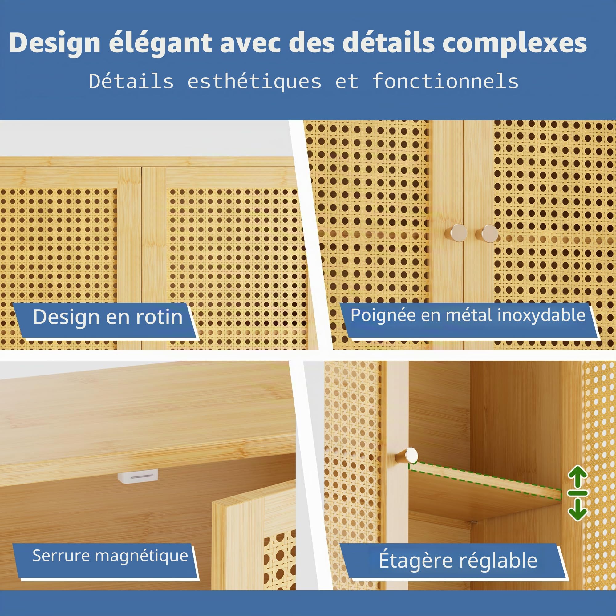 HITNET Armoire Murale en Rotin, Armoire à Pharmacie en Bambou à Portes Doubles avec Étagères Réglables,Meuble de Rangement Suspendu au-Dessus des Toilettes pour Cuisine, Salon, Buanderie (Naturel)