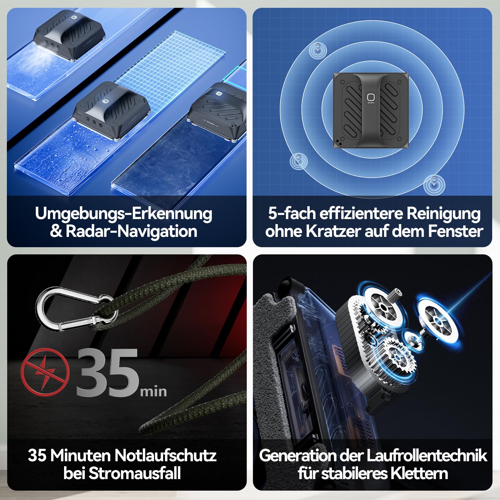 Fensterputzroboter mit 6 Wasserdüsen, 8000Pa Fensterreinigungsroboter mit Verschiedene Reinigungsmodi, Fensterroboter die Ansagesprache umschalten, Einfacher Handhabung für Innen/Außenfenster