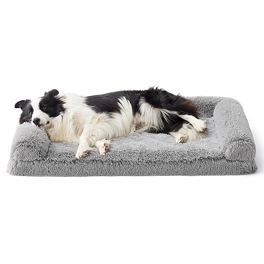 Bedsure Calming Dog Bed for Large Dogs - Orthopedic Egg Foam Dog Sofa Bed, Bolster Couch Pet Bed with Removable Washable Cover, Waterproof Layer, Comfy Fuzzy Faux Fur Surface&Nonskid Bottom,Quiet Gray