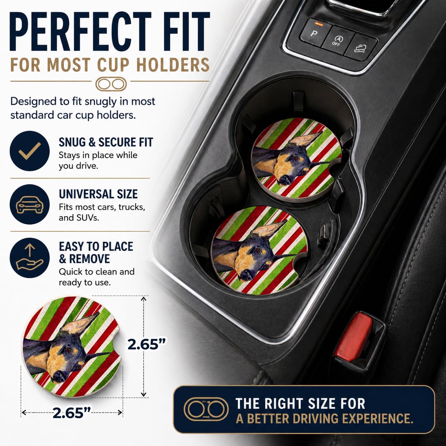 Caroline's Treasures SS4564CARC Doberman Candy Cane Holiday Christmas Set of 2 Cup Holder Car Coasters Absorbent Sandstone Coasters for Car Cup Holders Gifts for Men or Women, Large, Multicolor image 2