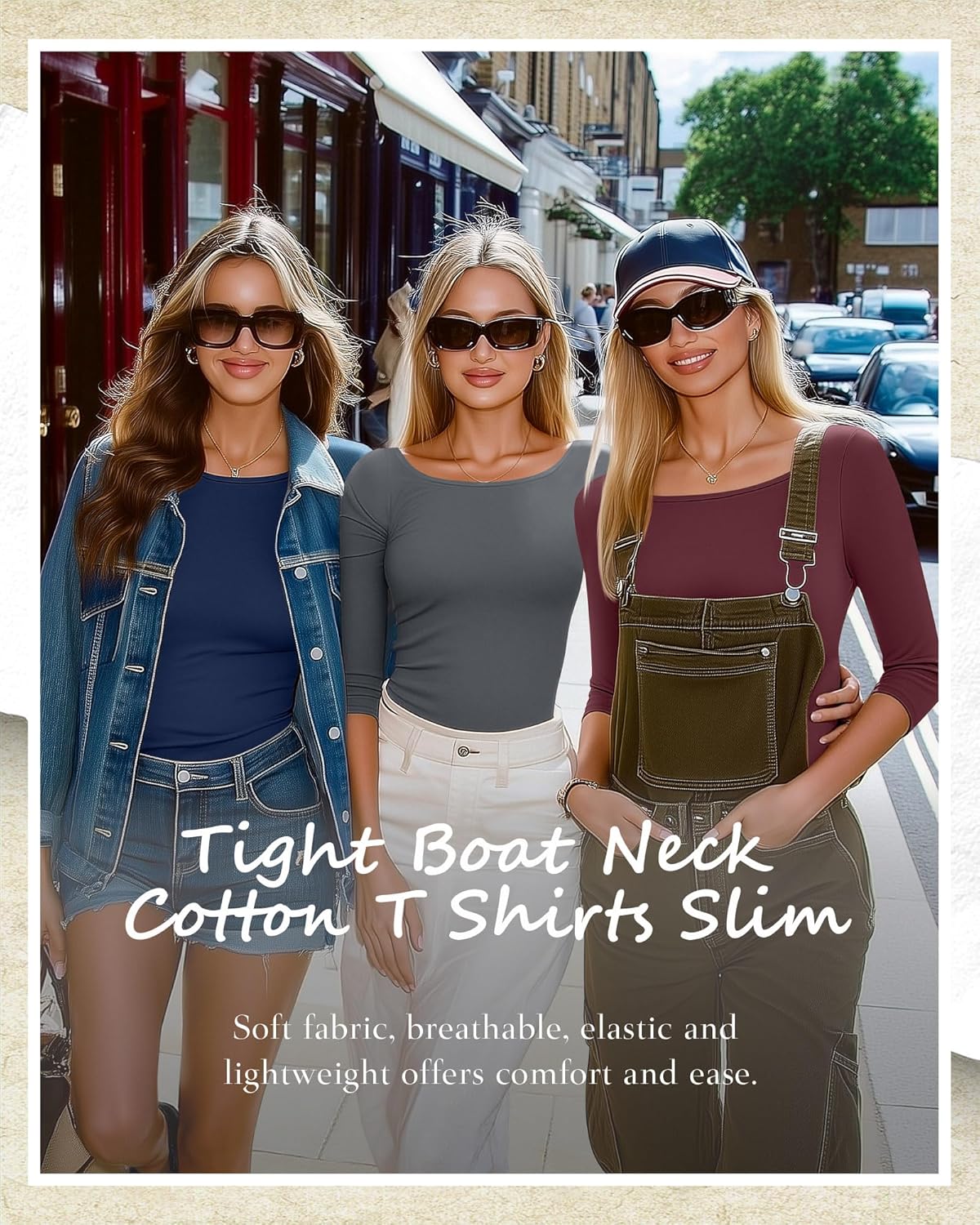 Ficerd 5 Pack 3/4 Sleeve Tops for Women Tight Boat Neck T Shirts Slim Fit Three Quarter Sleeve Tees Basic Casual Tops